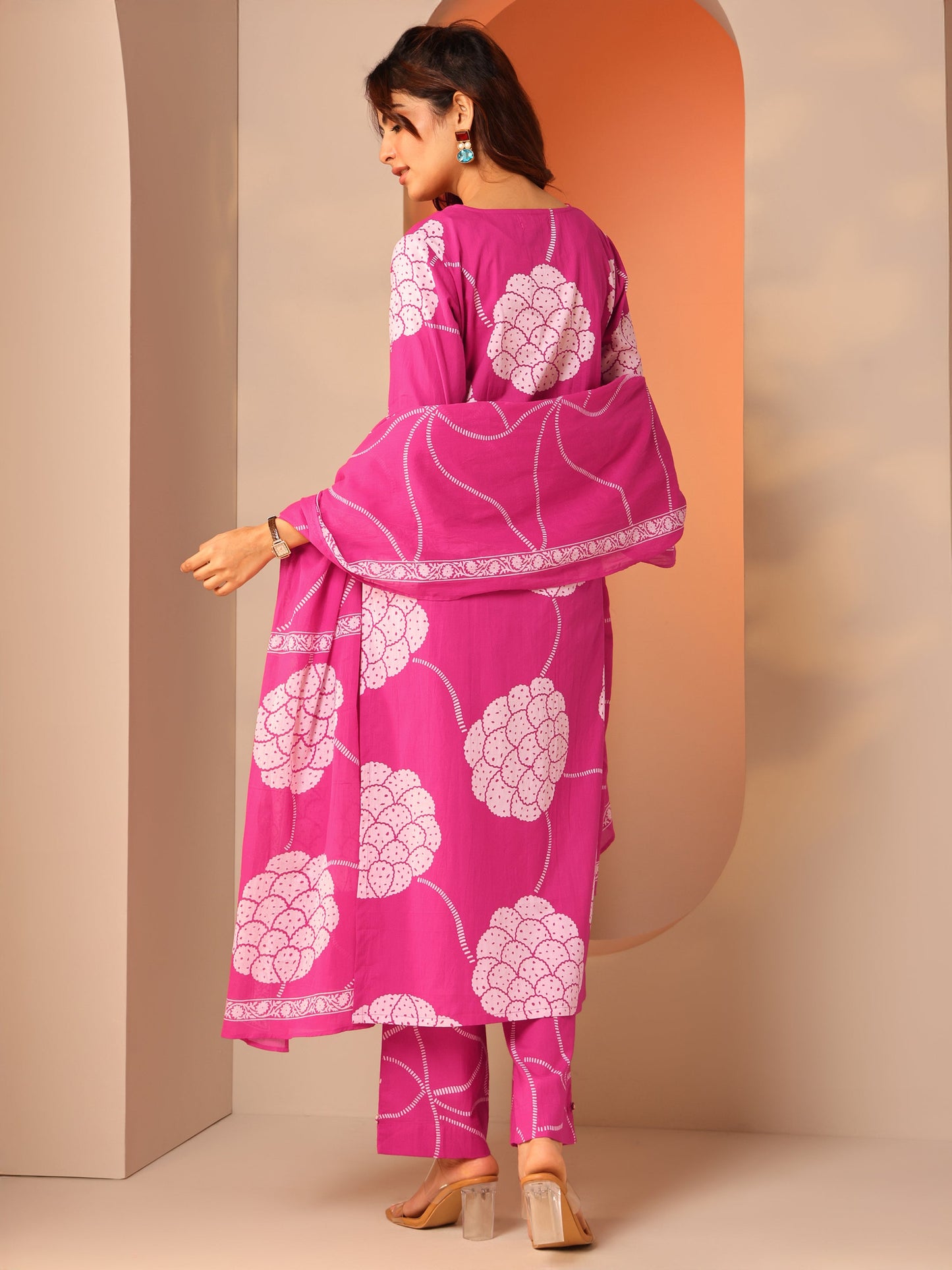 Pink Printed Cotton Straight Suit Set With Dupatta