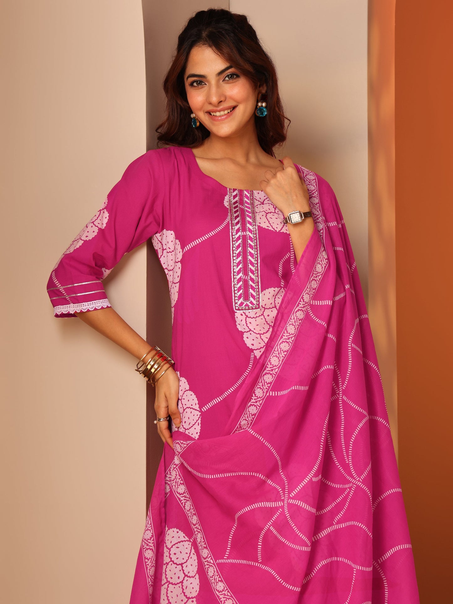 Pink Printed Cotton Straight Suit Set With Dupatta