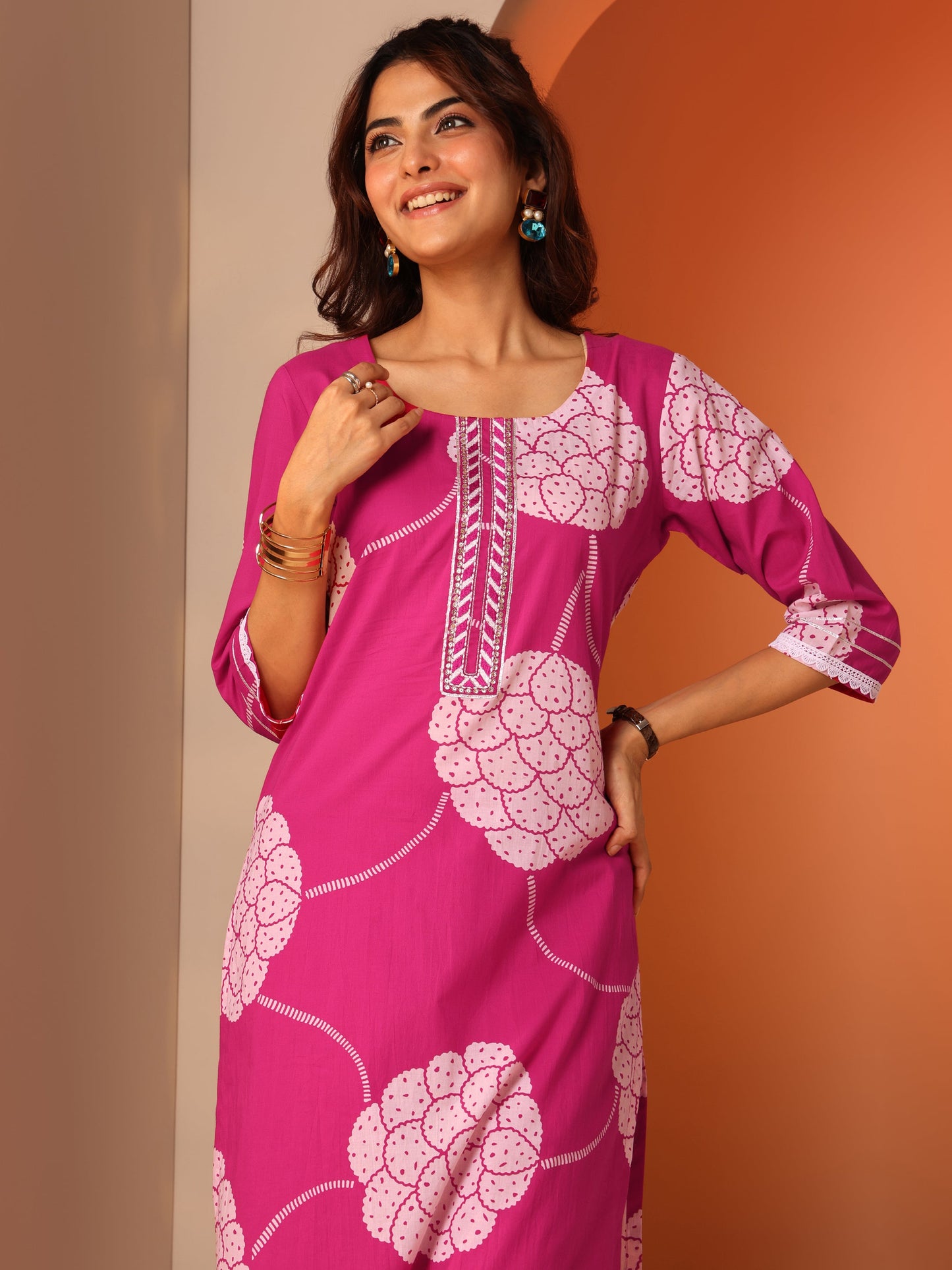 Pink Printed Cotton Straight Suit Set With Dupatta