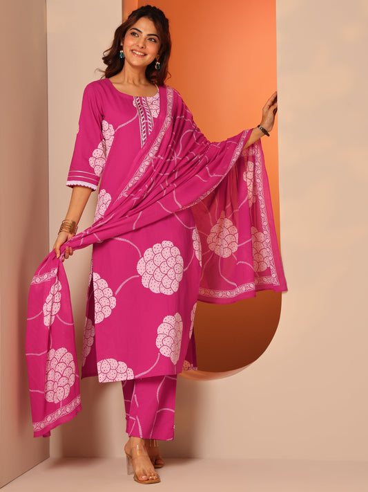 Pink Printed Cotton Straight Suit Set With Dupatta