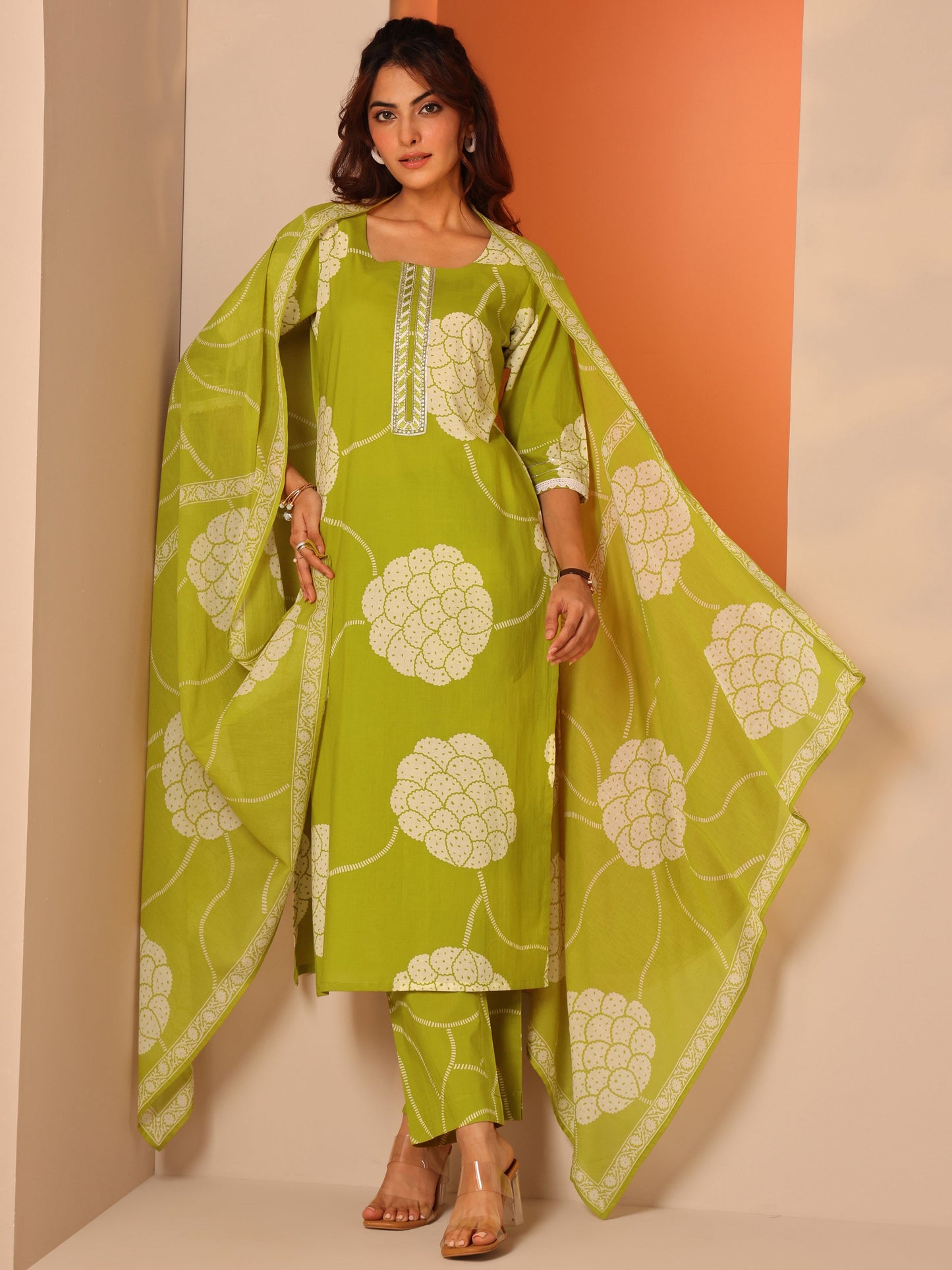 Green Printed Cotton Straight Suit Set With Dupatta