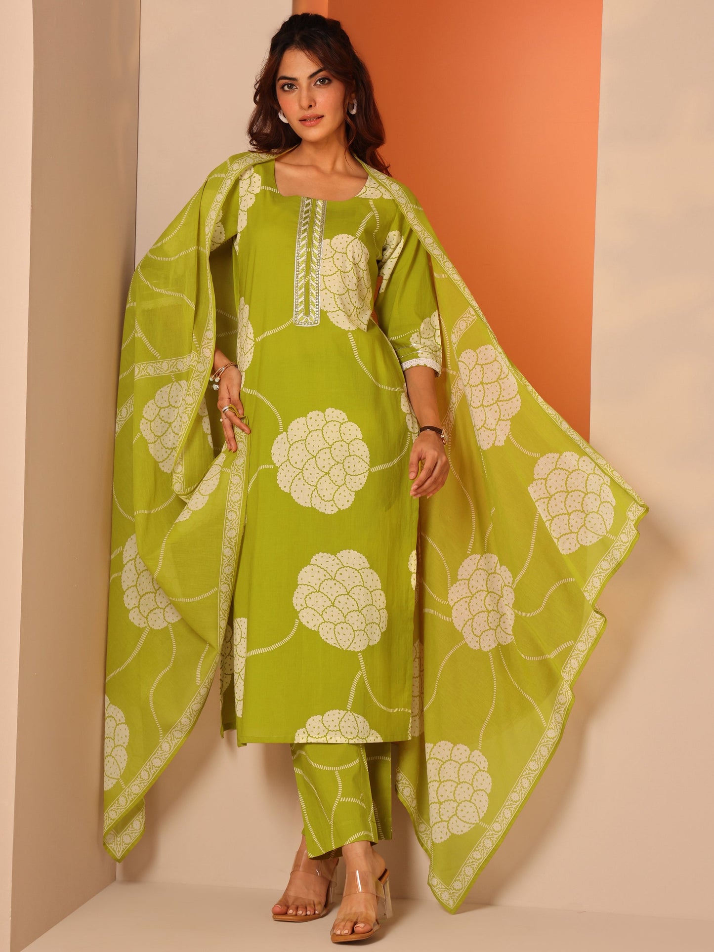 Green Printed Cotton Straight Suit Set With Dupatta