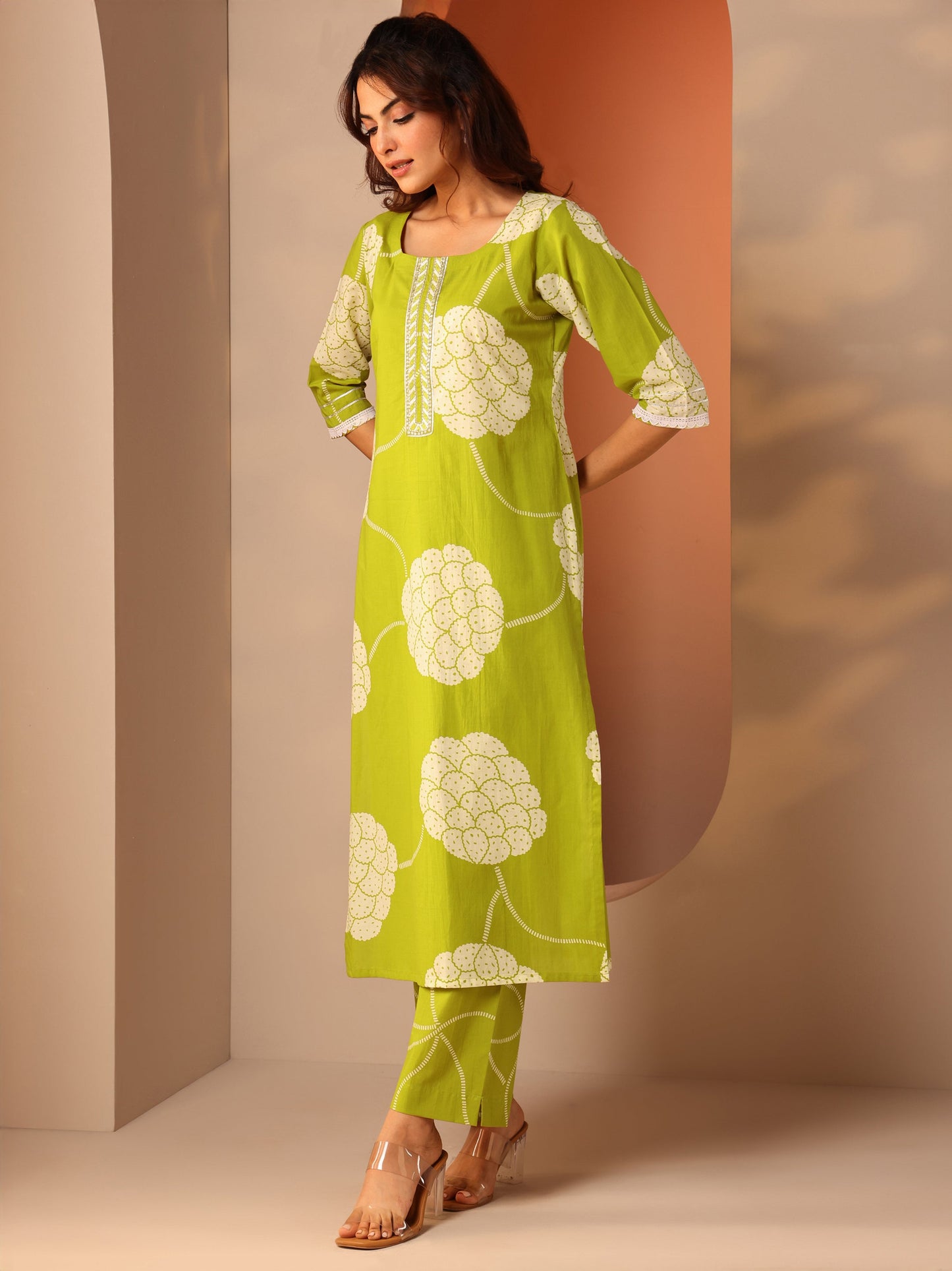 Green Printed Cotton Straight Suit Set With Dupatta