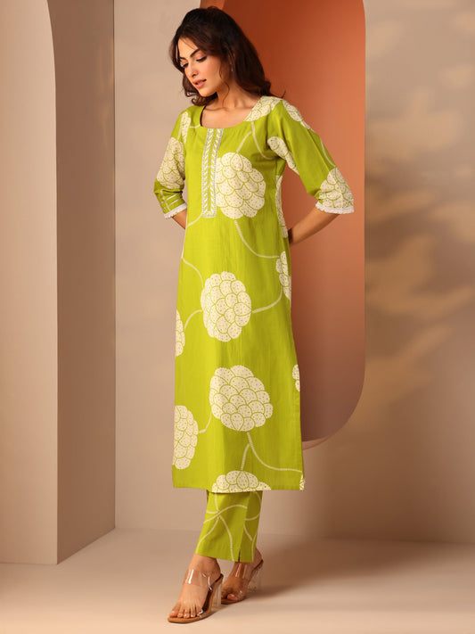 Green Printed Cotton Straight Suit Set With Dupatta