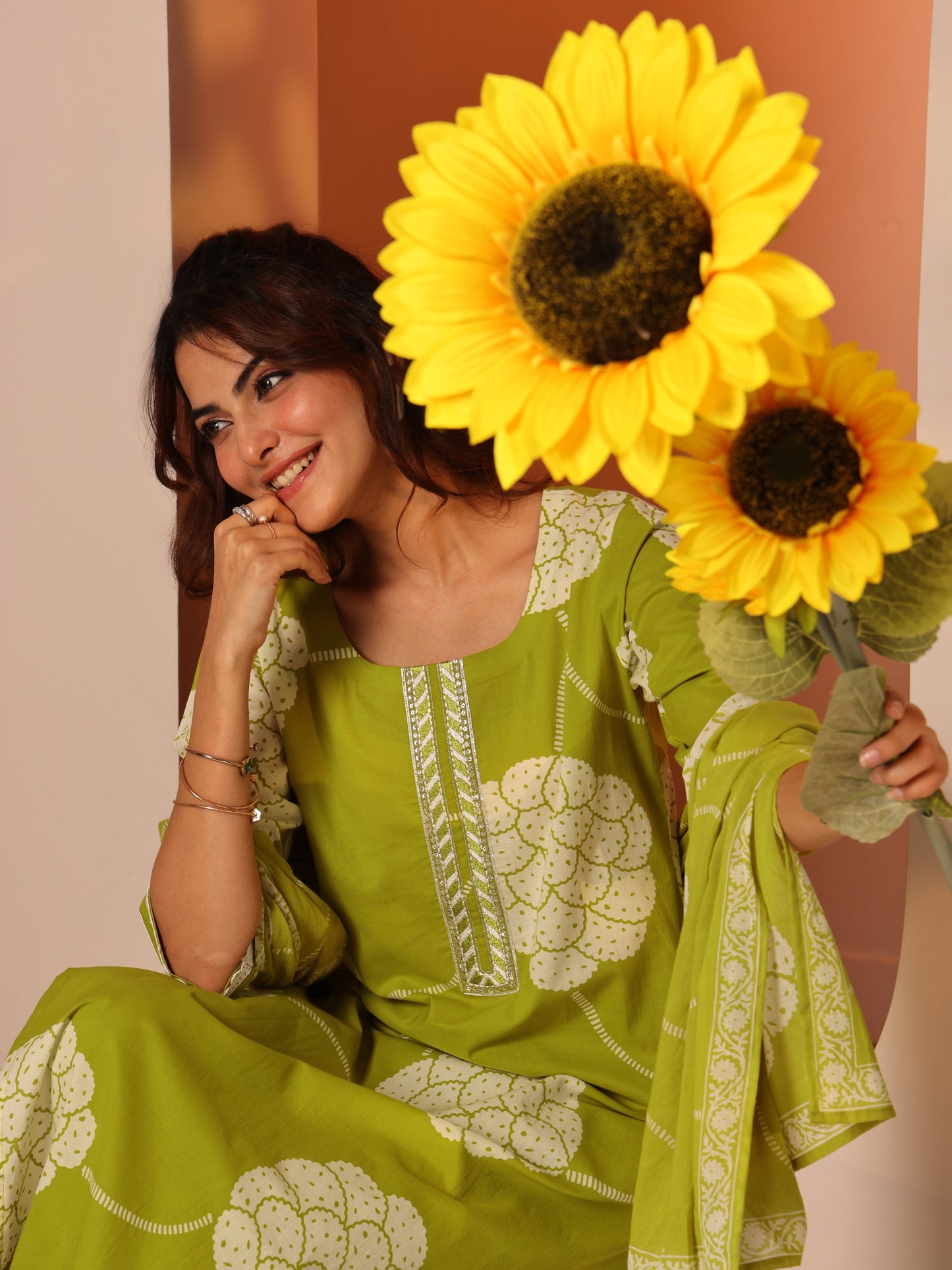 Green Printed Cotton Straight Suit Set With Dupatta