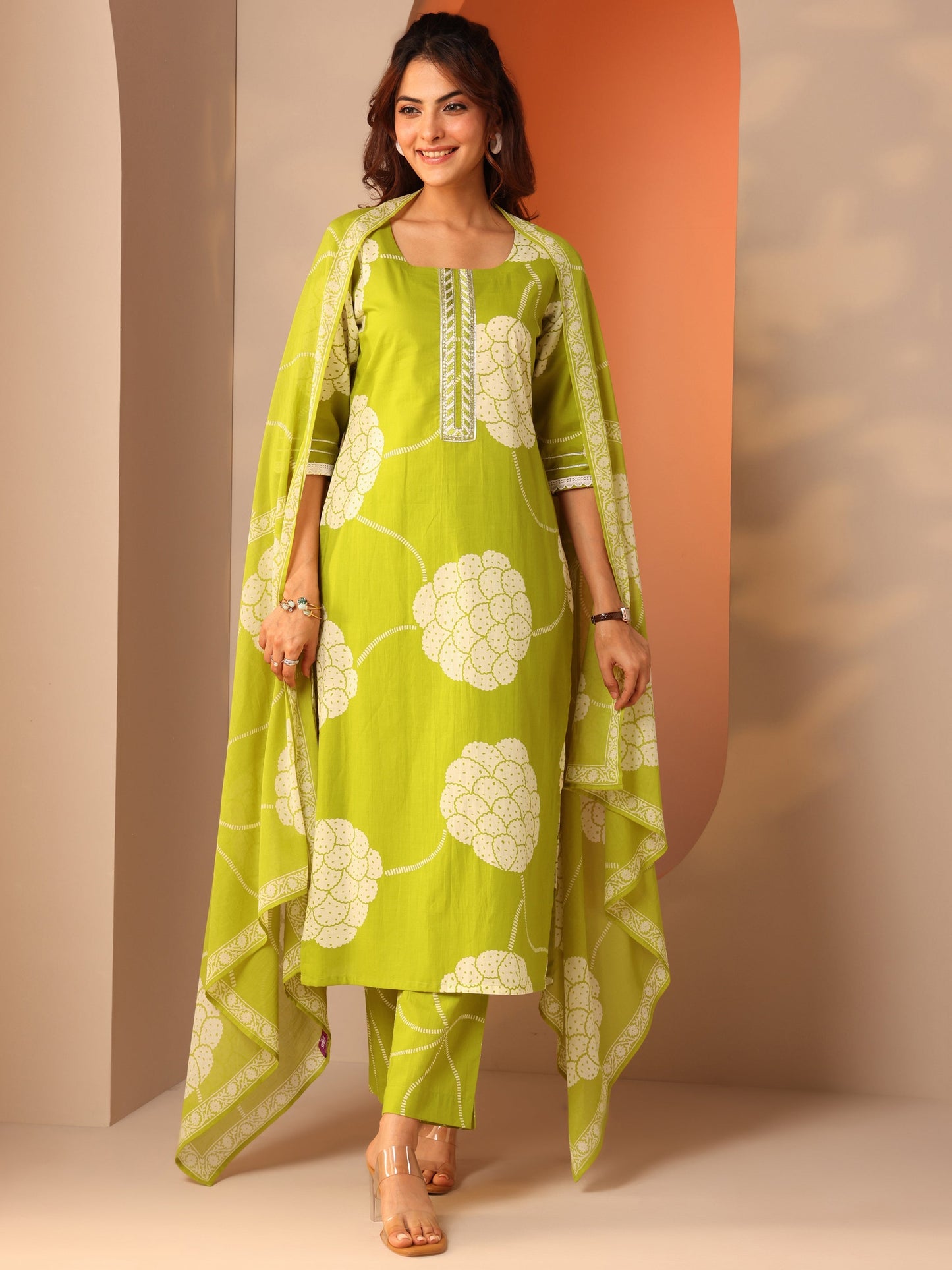 Green Printed Cotton Straight Suit Set With Dupatta