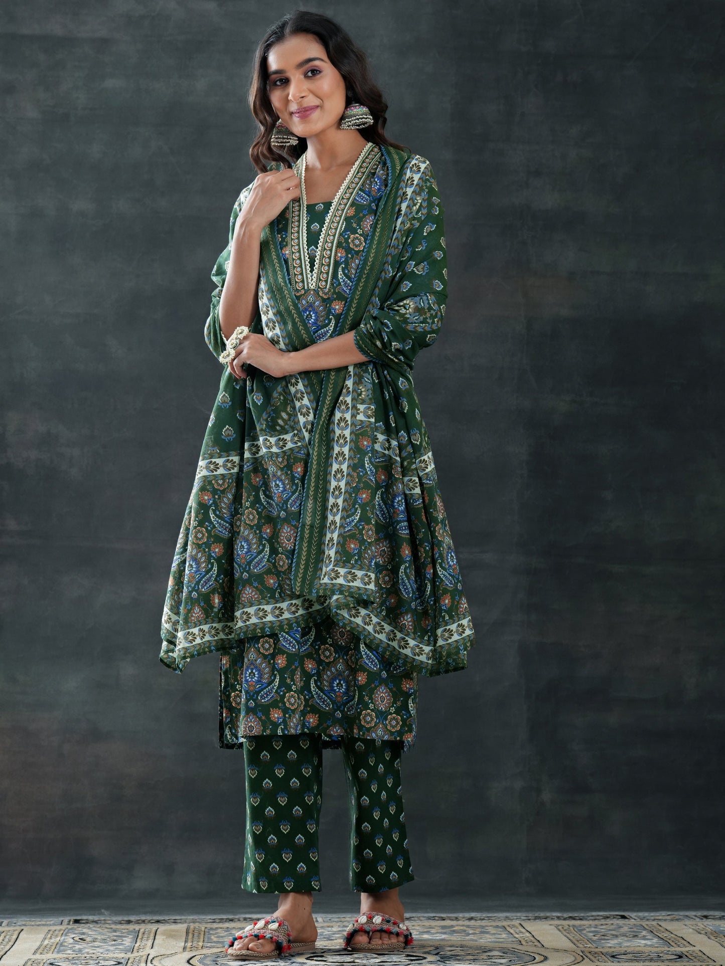 Green Printed Cotton Straight Suit Set With Dupatta