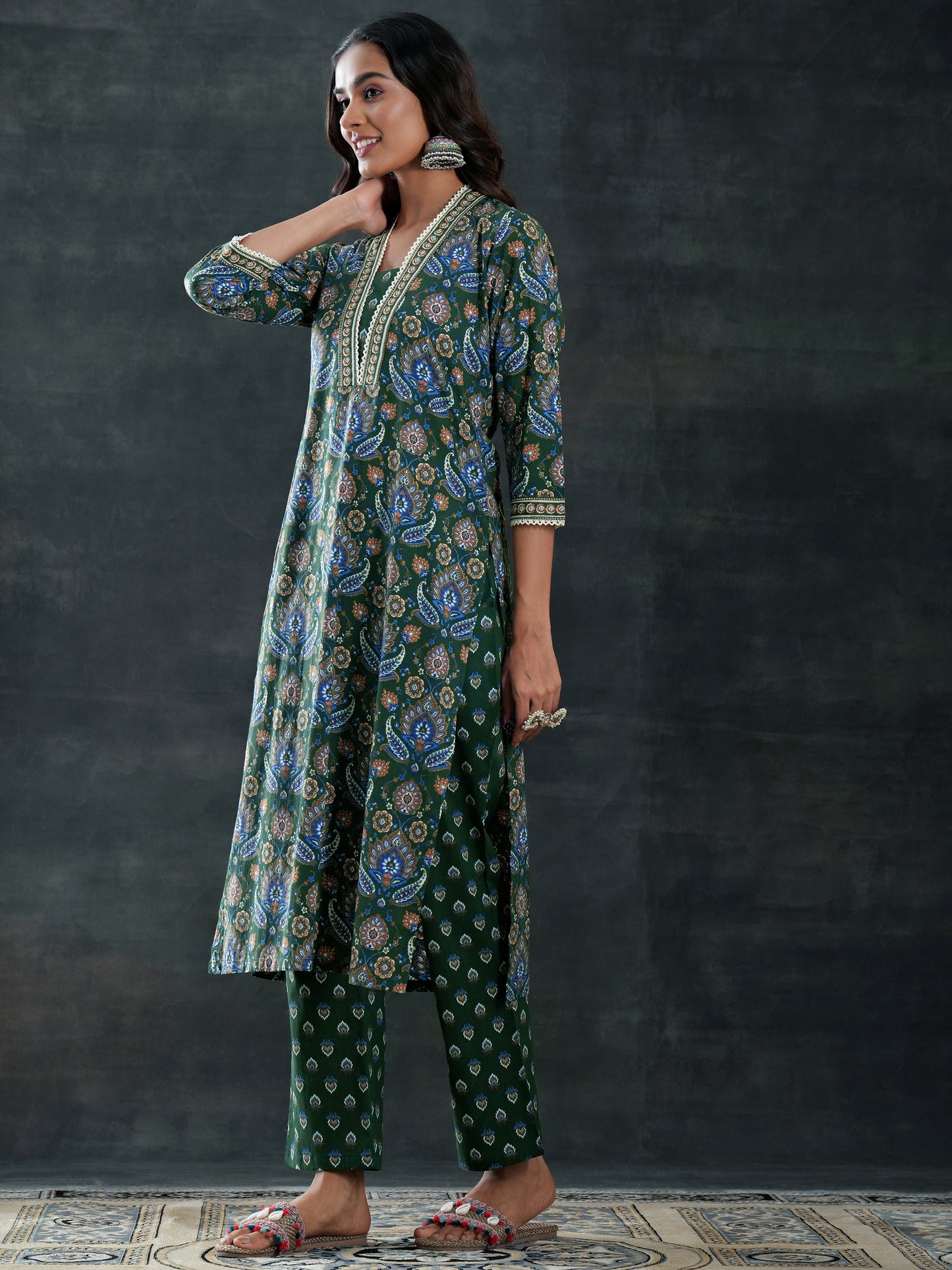 Green Printed Cotton Straight Suit Set With Dupatta