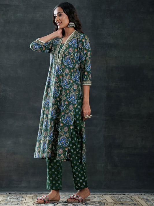 Green Printed Cotton Straight Suit Set With Dupatta