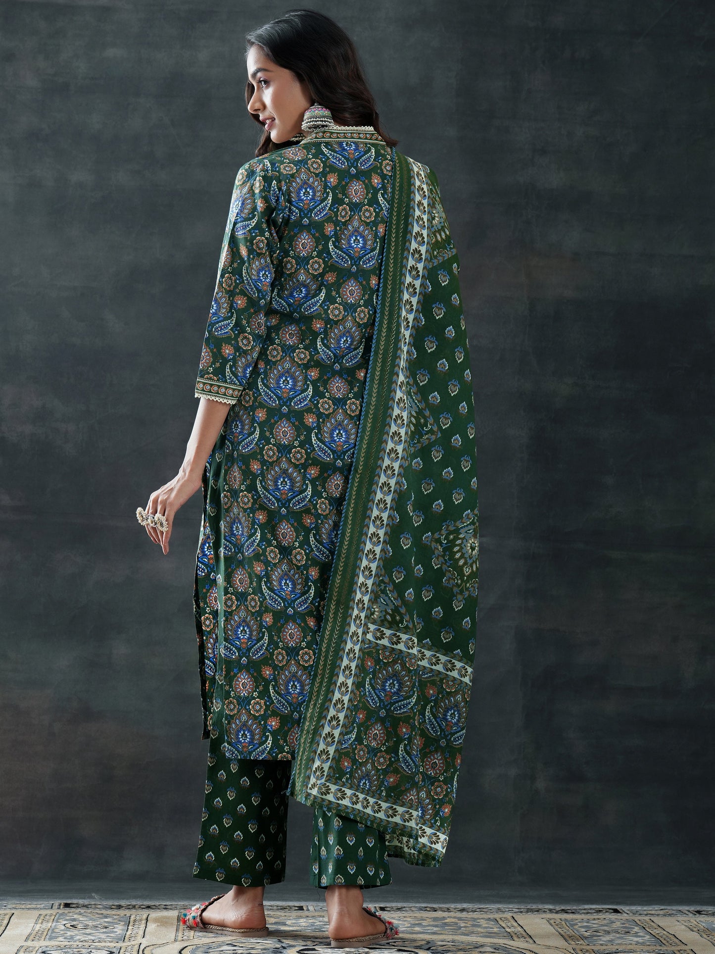 Green Printed Cotton Straight Suit Set With Dupatta