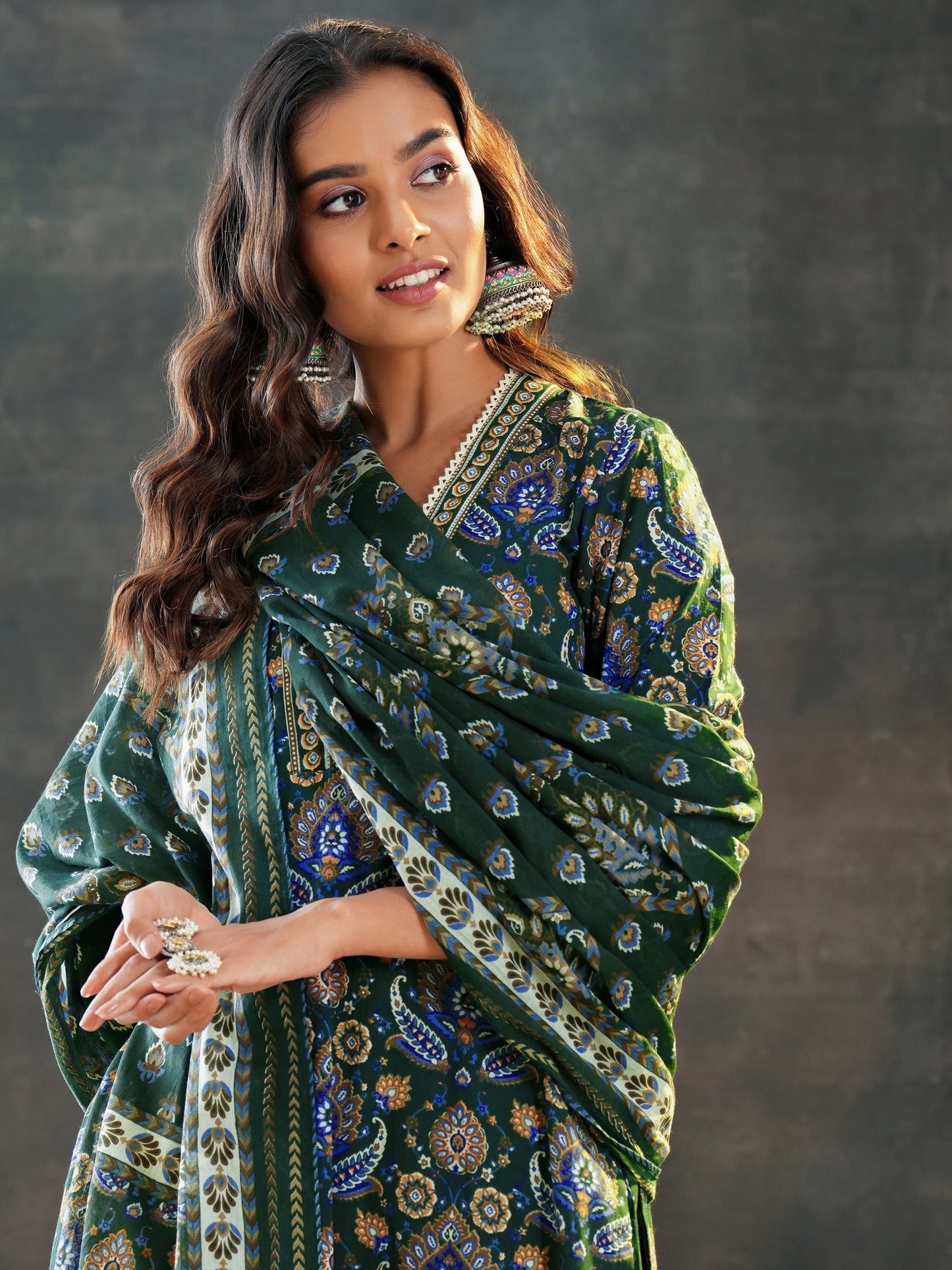 Green Printed Cotton Straight Suit Set With Dupatta