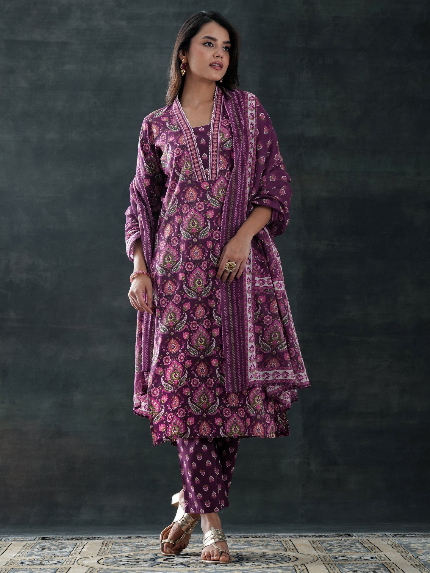 Burgundy Printed Cotton Straight Suit Set With Dupatta