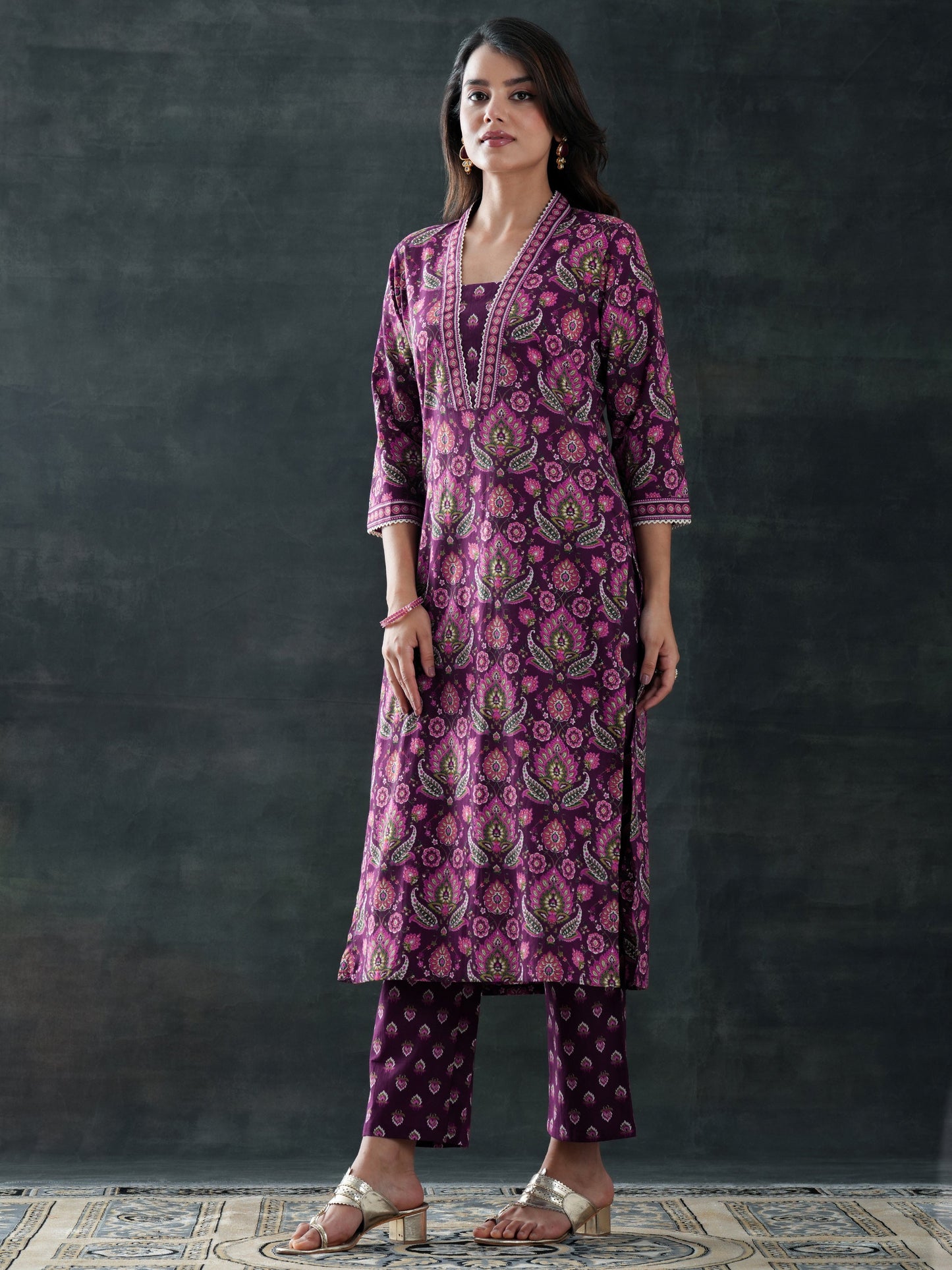 Burgundy Printed Cotton Straight Suit Set With Dupatta