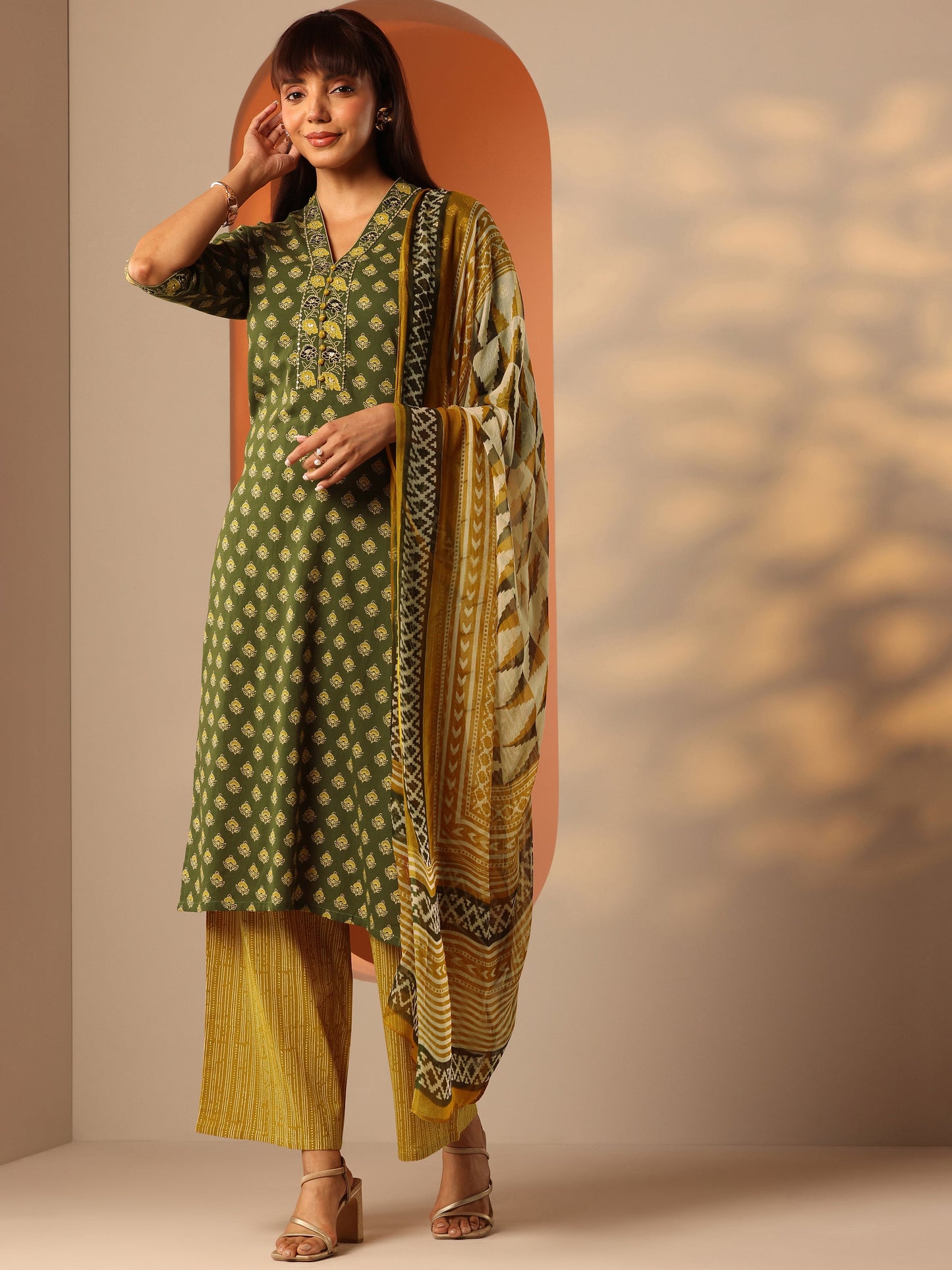 Green Printed Cotton Straight Suit Set With Dupatta