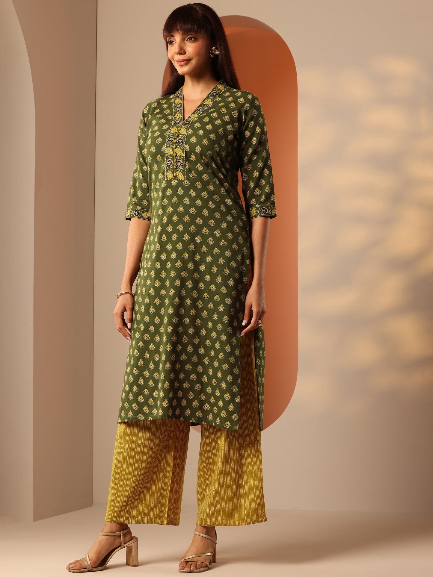 Green Printed Cotton Straight Suit Set With Dupatta