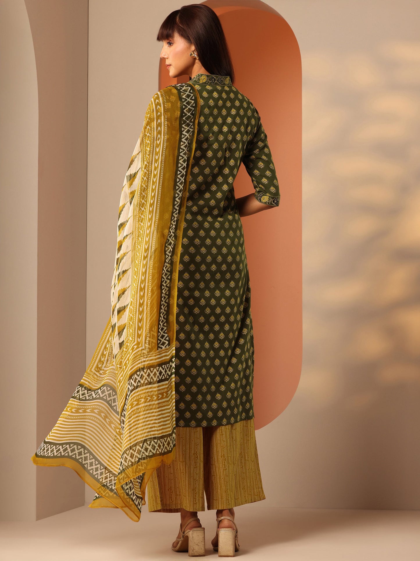 Green Printed Cotton Straight Suit Set With Dupatta