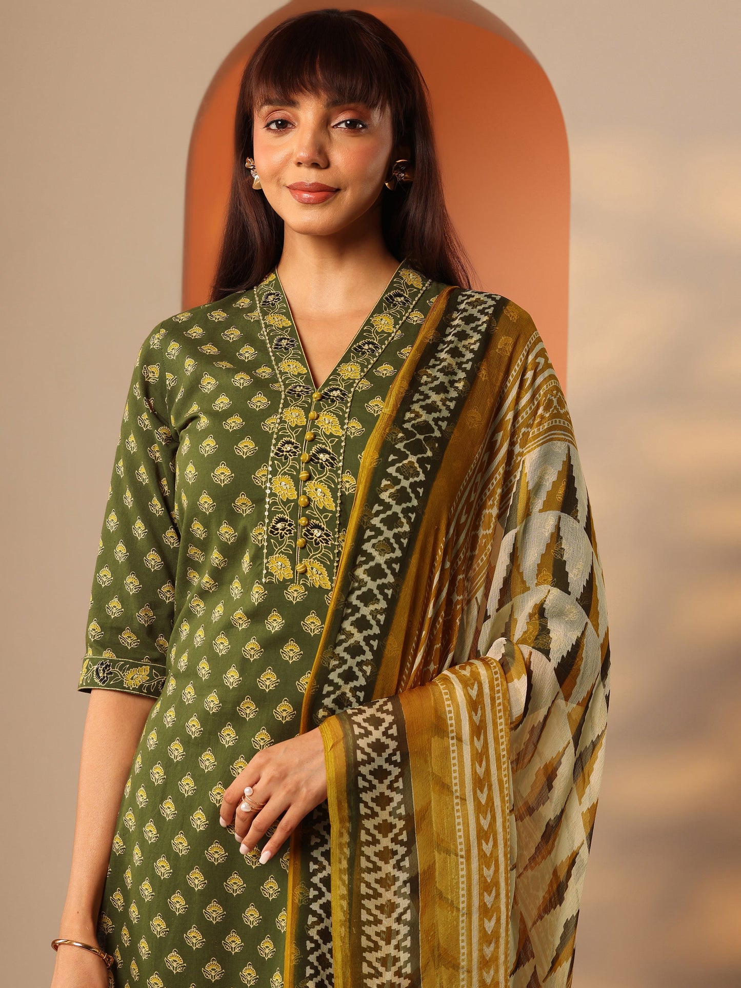 Green Printed Cotton Straight Suit Set With Dupatta