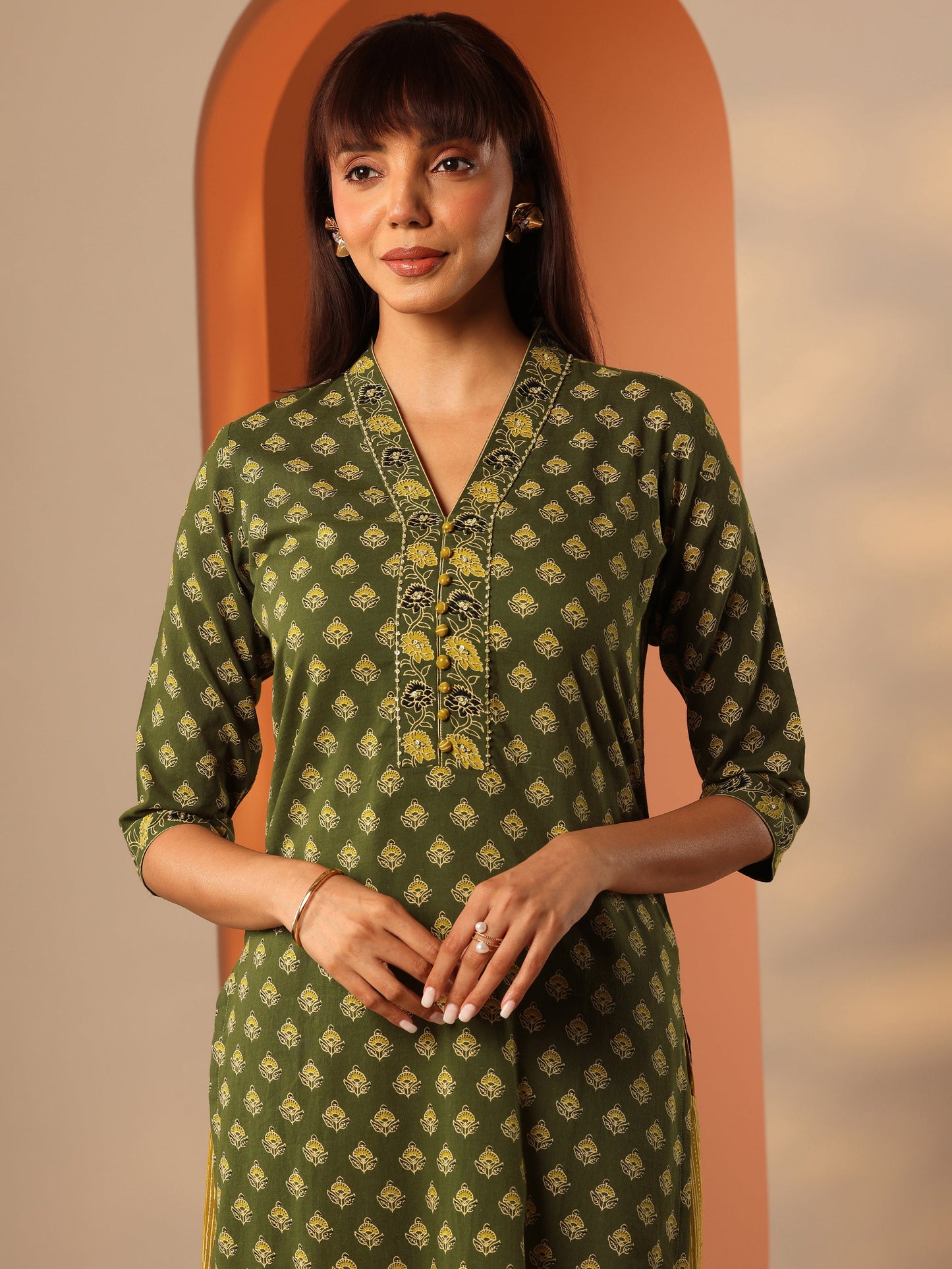 Green Printed Cotton Straight Suit Set With Dupatta