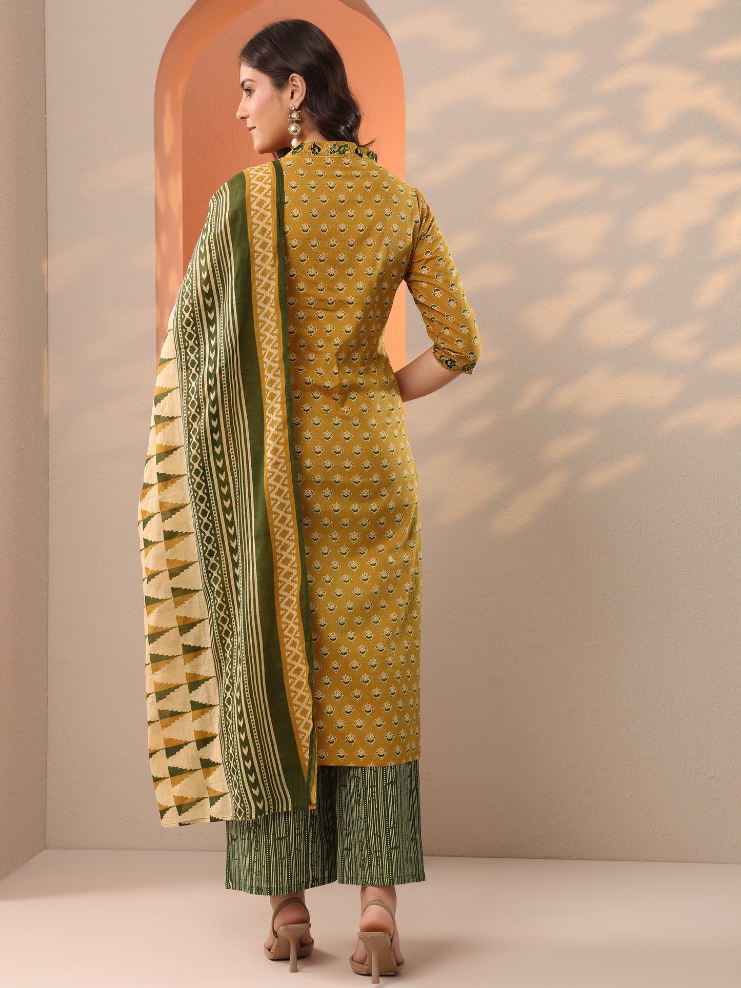 Mustard Printed Cotton Straight Suit Set With Dupatta