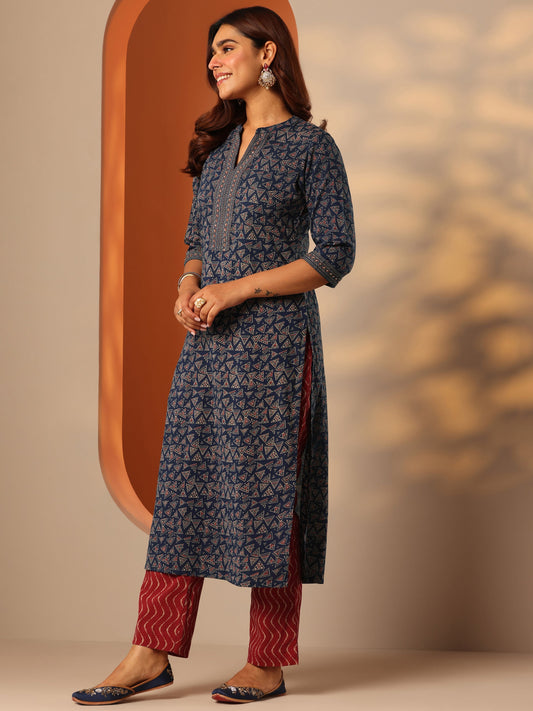 Blue Printed Cotton Straight Suit Set With Dupatta