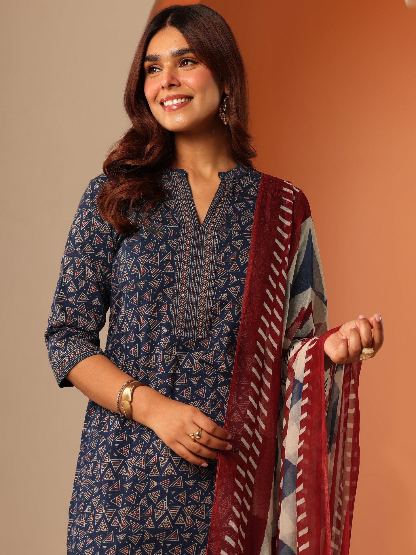 Blue Printed Cotton Straight Suit Set With Dupatta