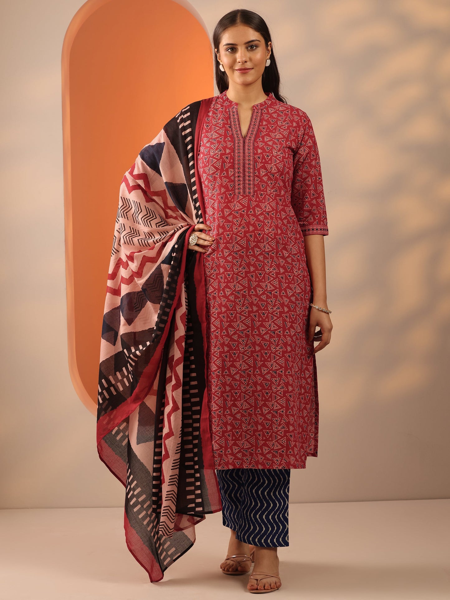 Red Printed Cotton Straight Suit Set With Dupatta