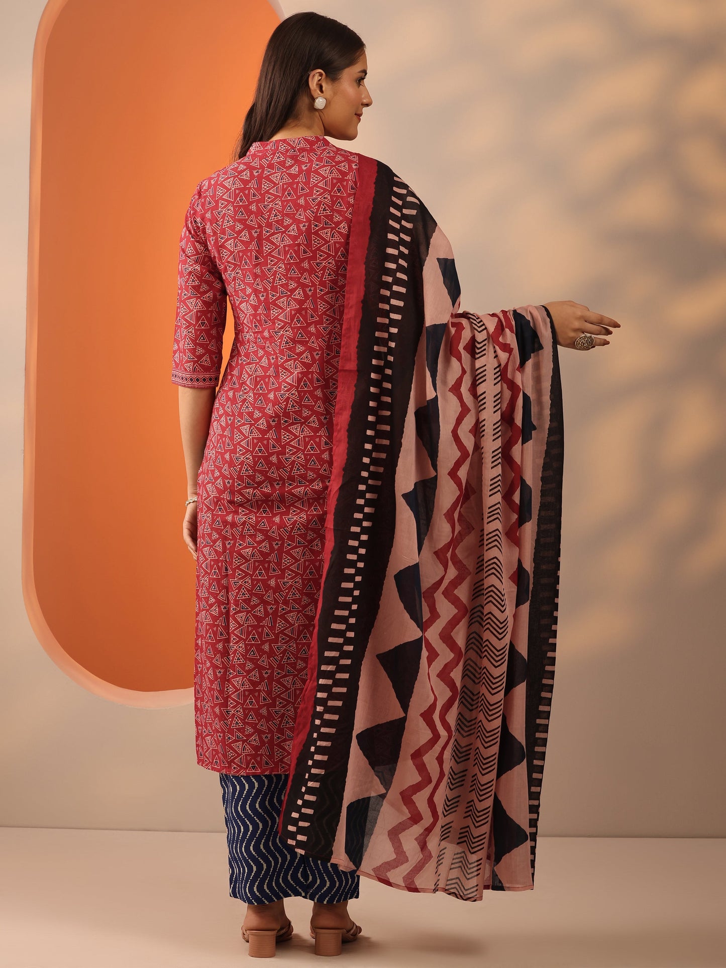 Red Printed Cotton Straight Suit Set With Dupatta