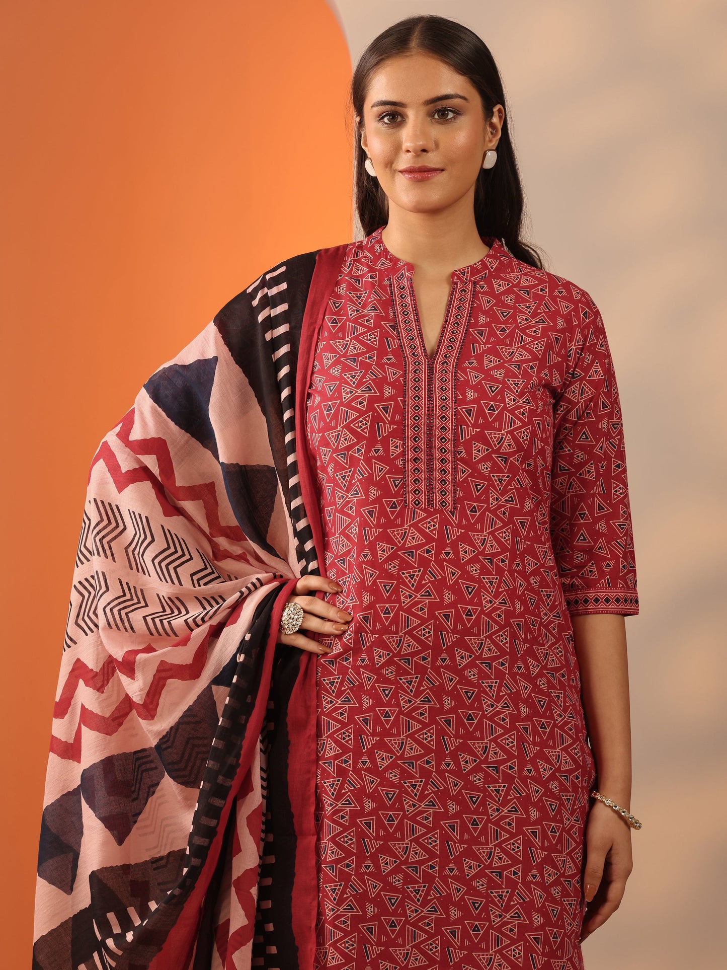 Red Printed Cotton Straight Suit Set With Dupatta