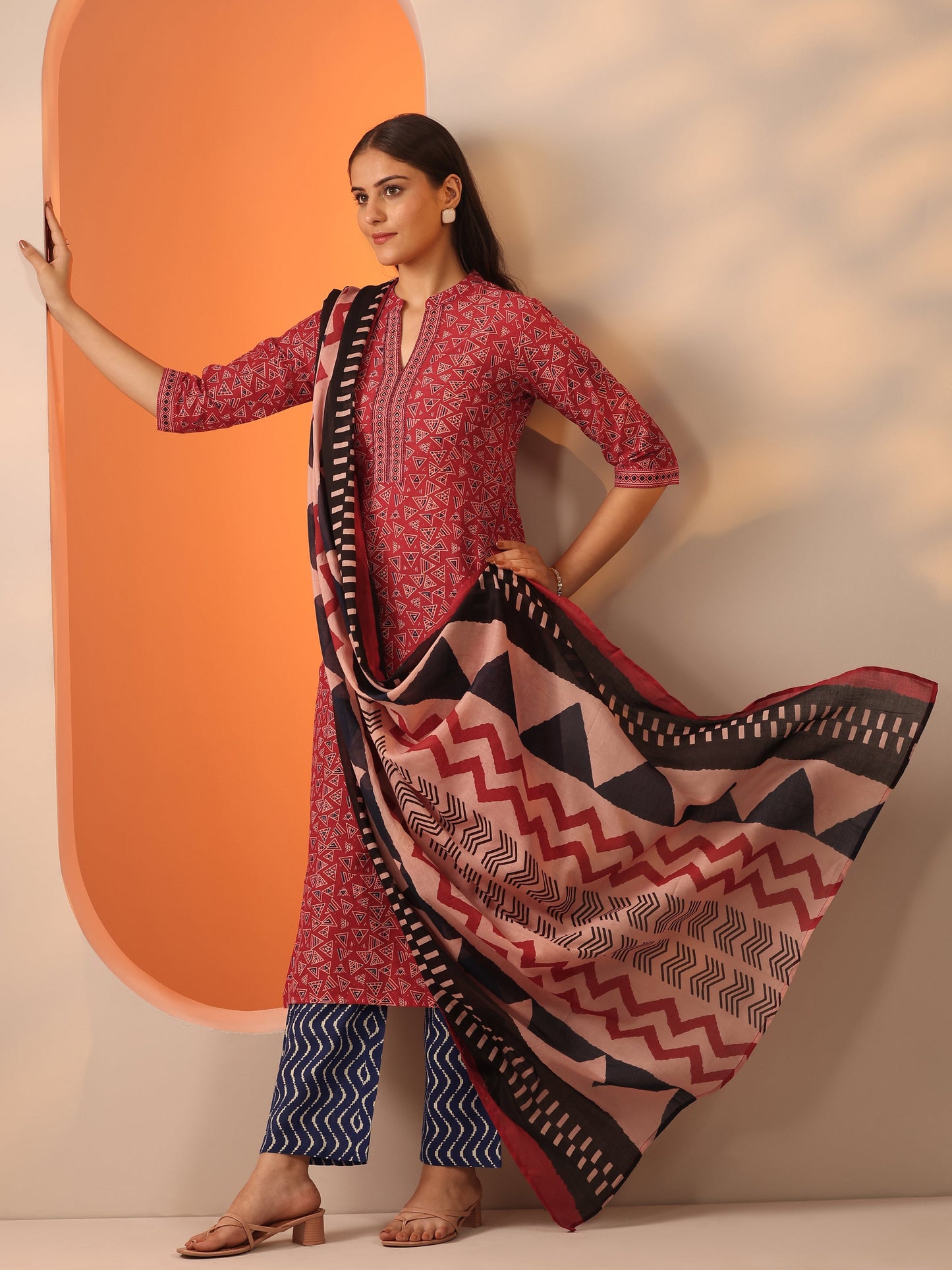 Red Printed Cotton Straight Suit Set With Dupatta