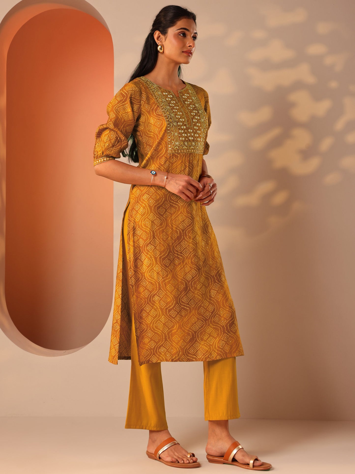 Mustard Printed Silk Blend Straight Suit Set With Dupatta