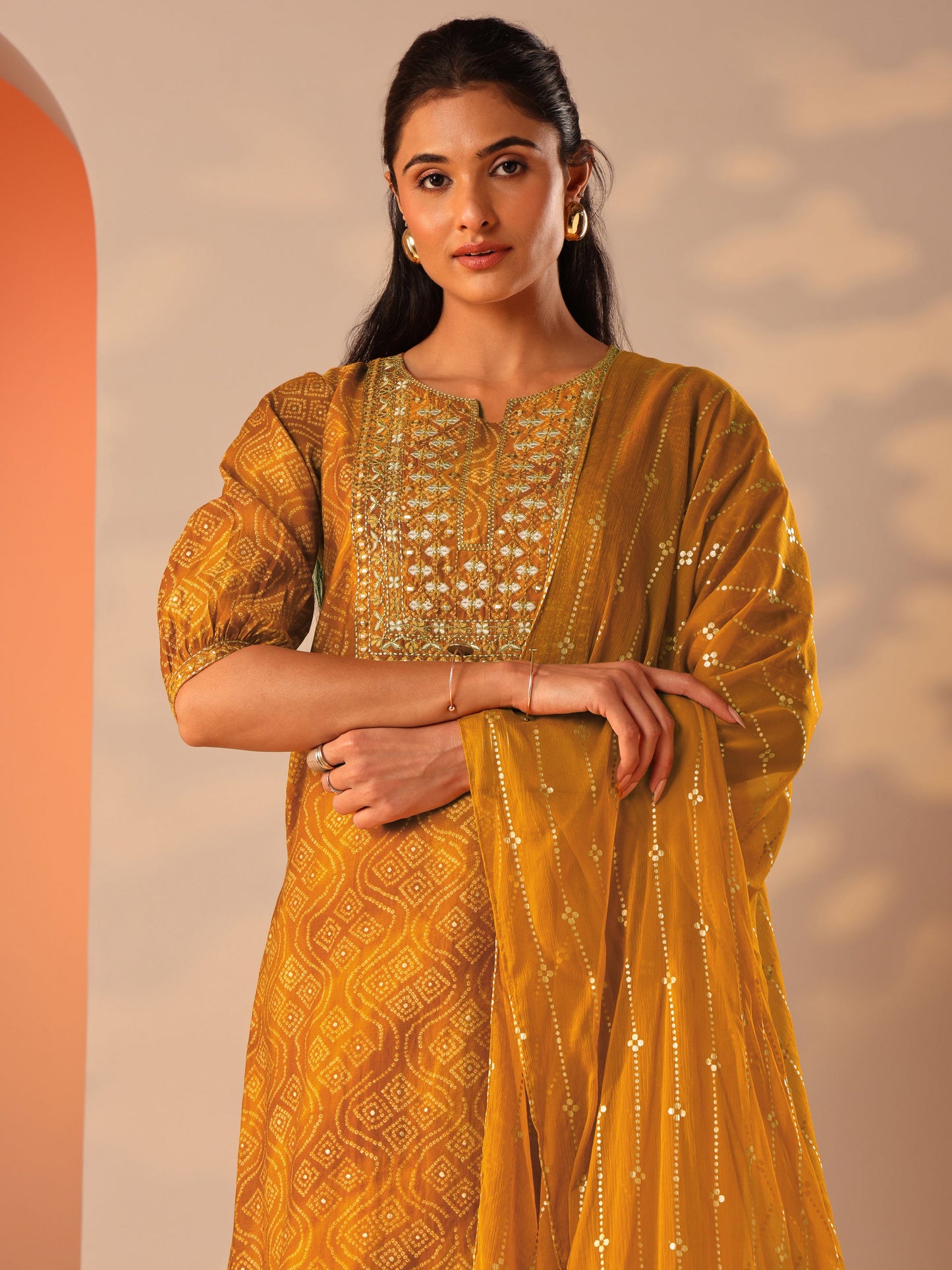 Mustard Printed Silk Blend Straight Suit Set With Dupatta