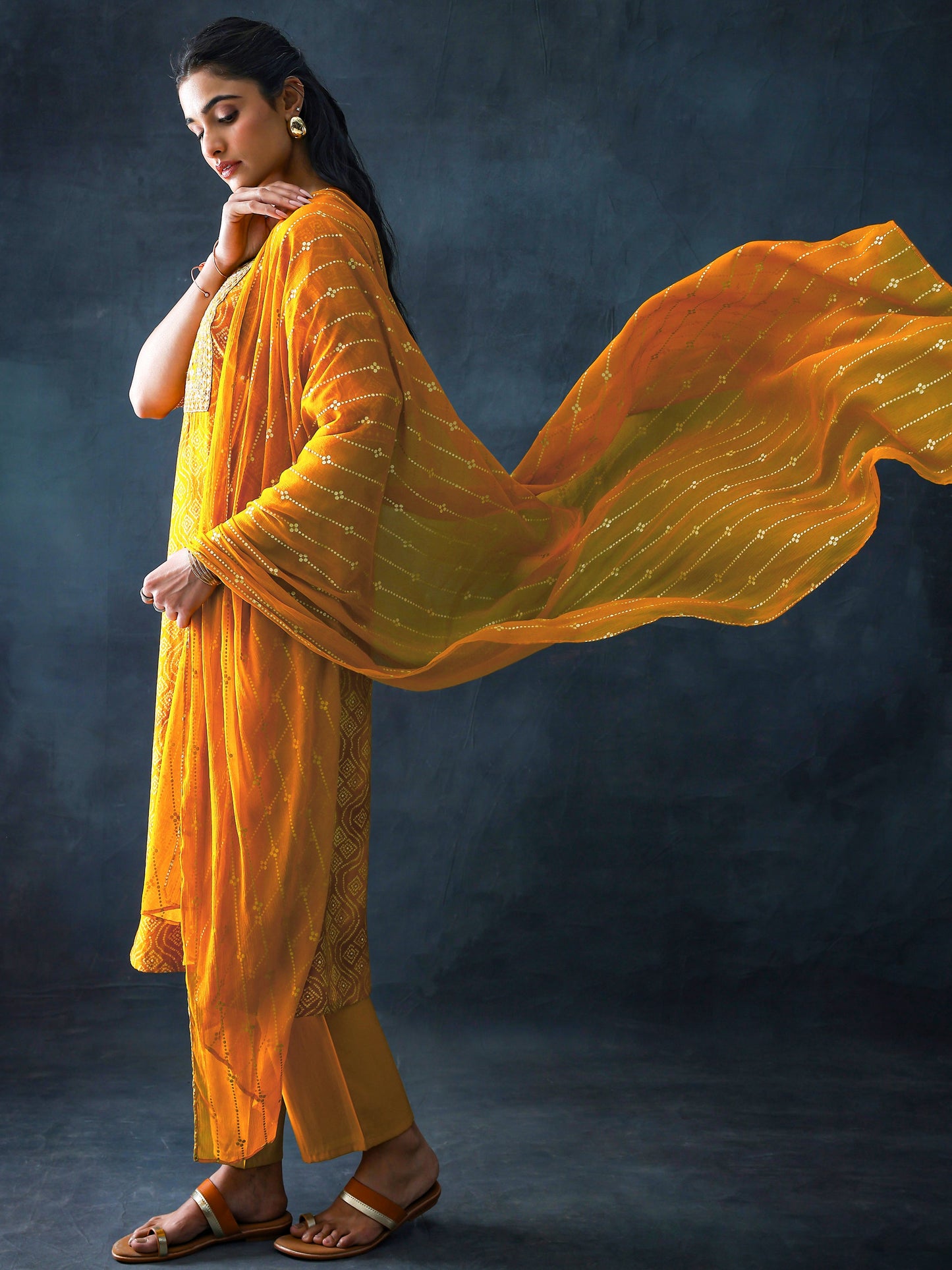 Mustard Printed Silk Blend Straight Suit Set With Dupatta