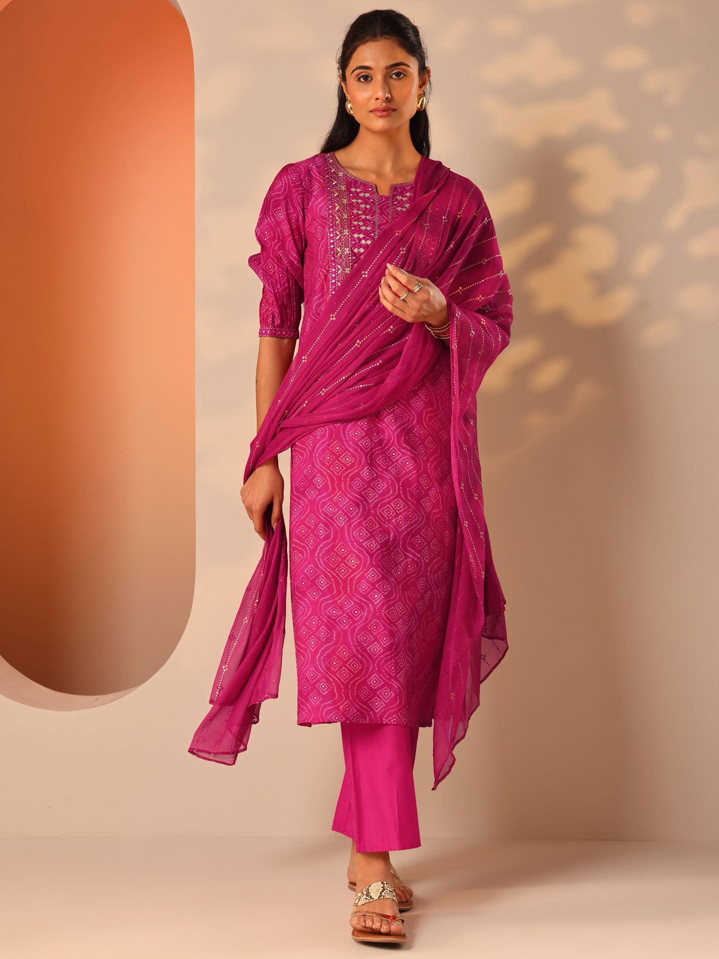 Pink Printed Silk Blend Straight Suit Set With Dupatta