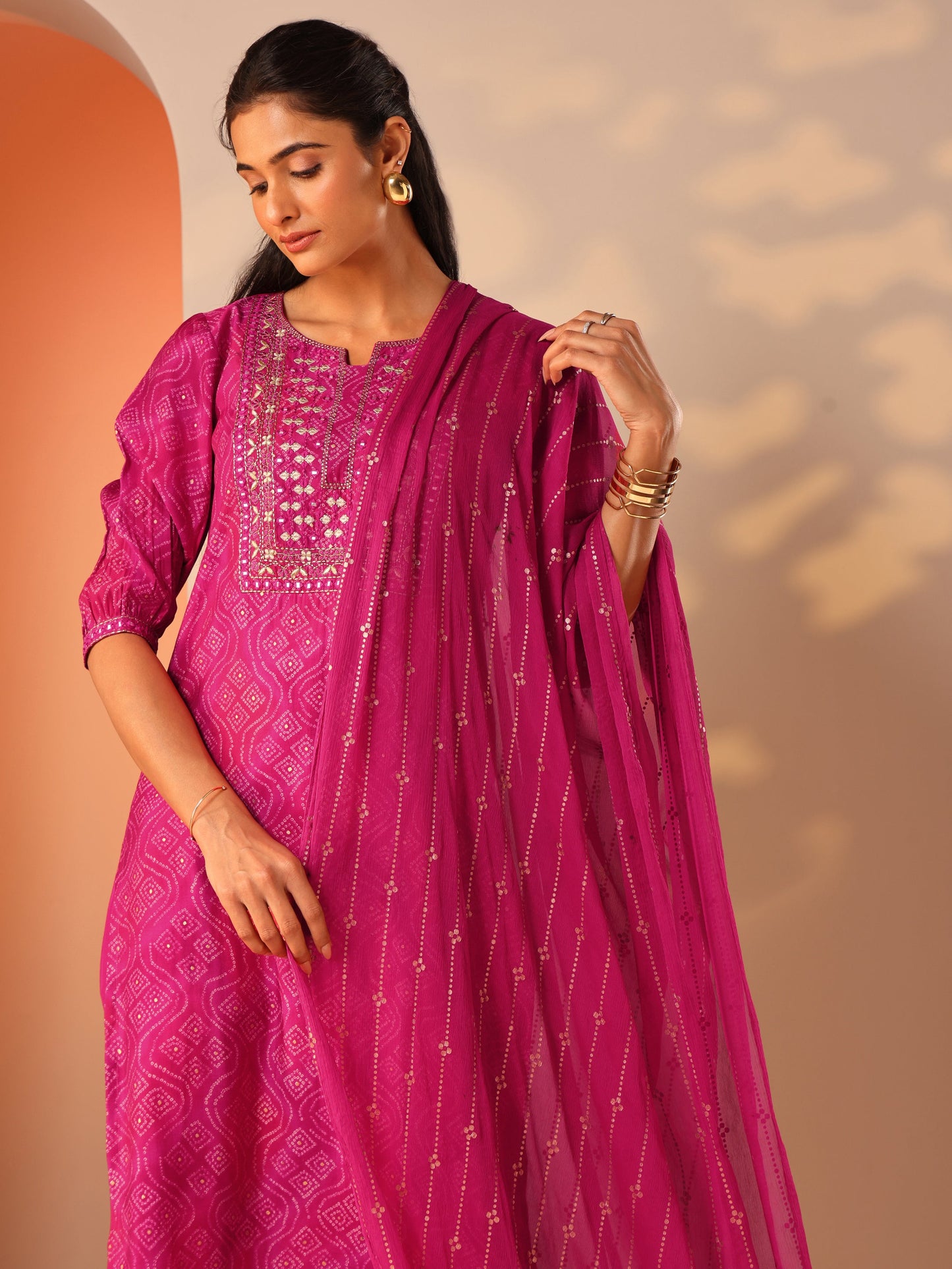 Pink Printed Silk Blend Straight Suit Set With Dupatta