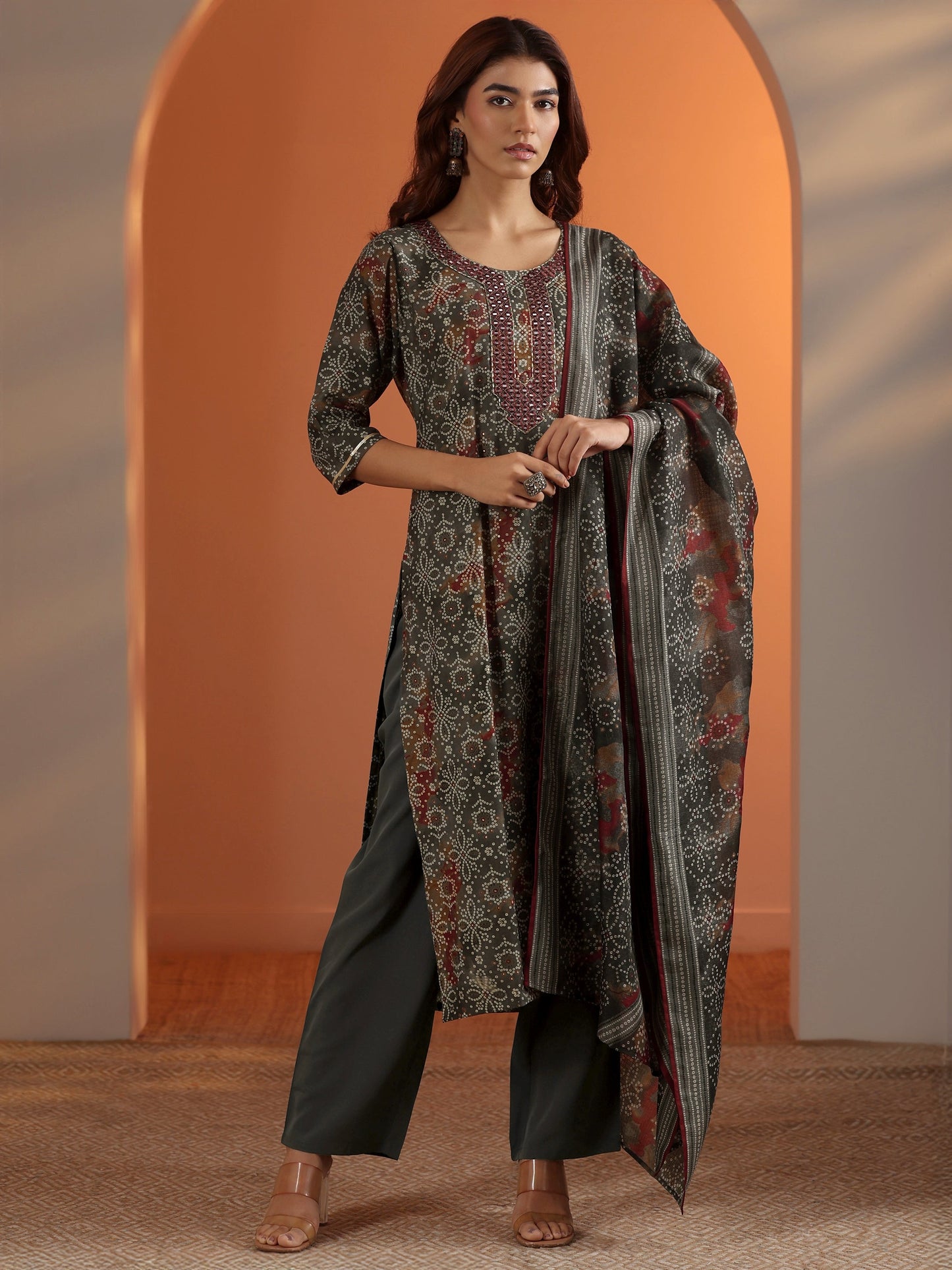 Grey Printed Silk Blend Straight Suit Set With Dupatta