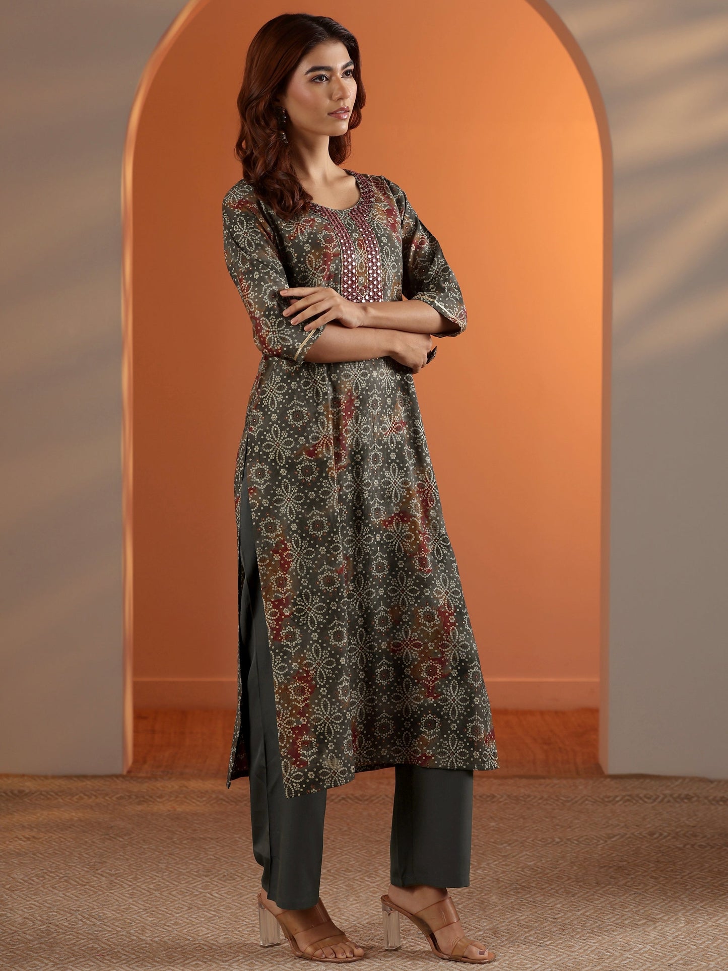 Grey Printed Silk Blend Straight Suit Set With Dupatta