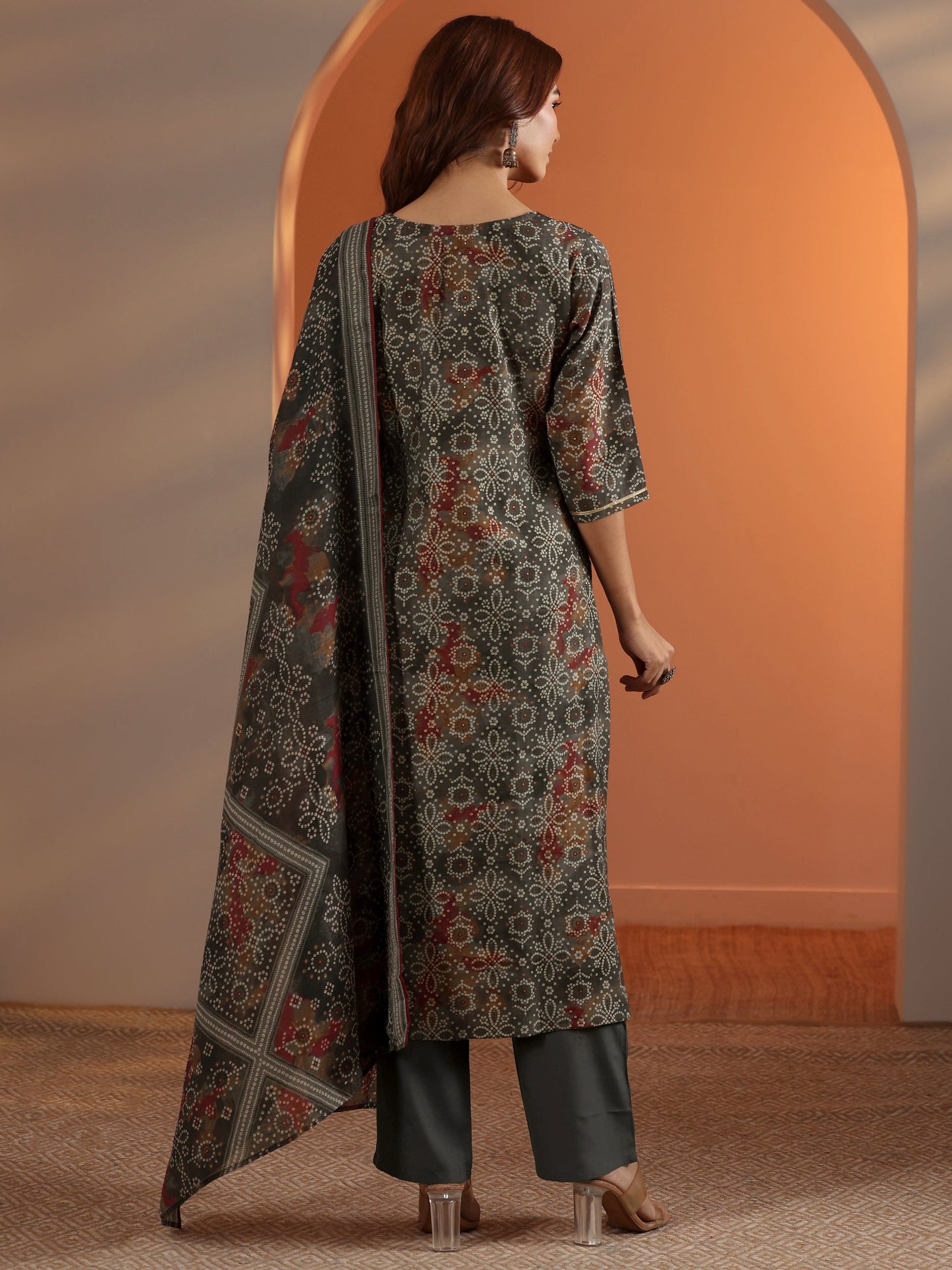 Grey Printed Silk Blend Straight Suit Set With Dupatta