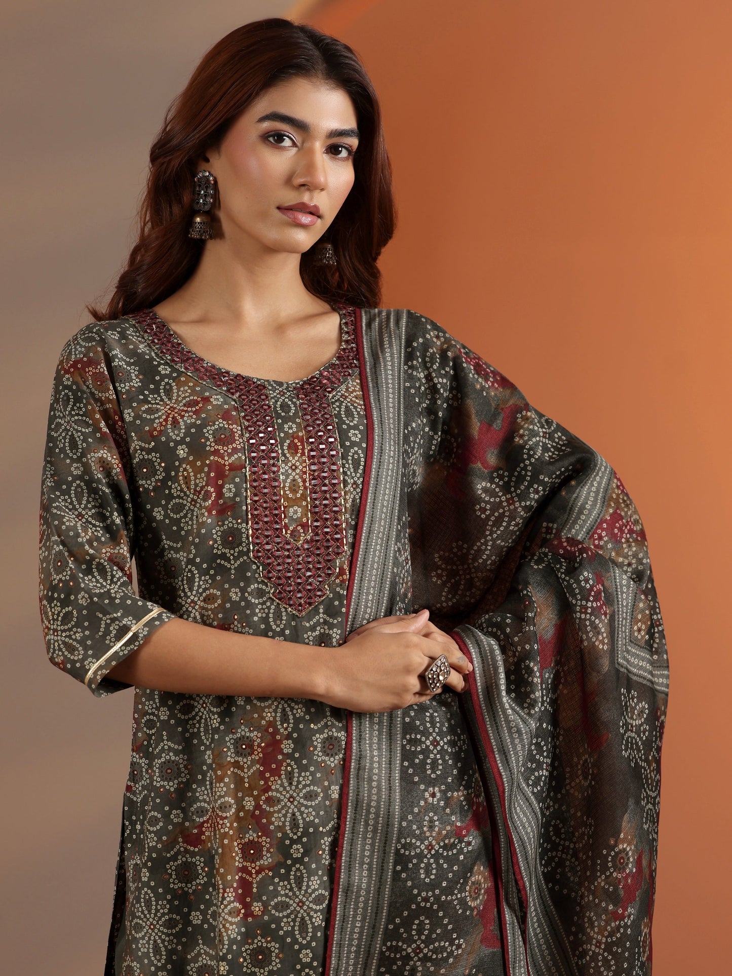 Grey Printed Silk Blend Straight Suit Set With Dupatta