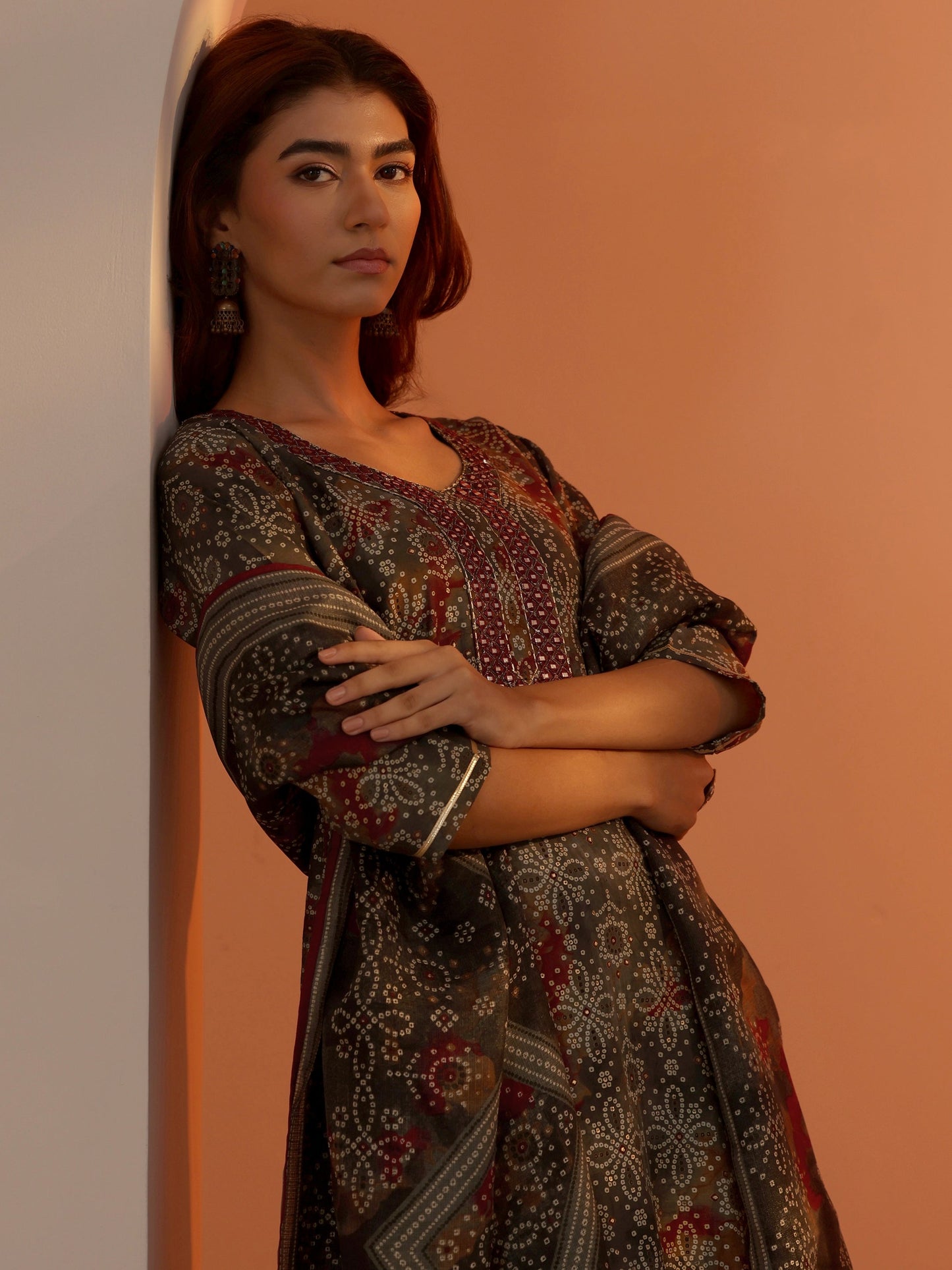 Grey Printed Silk Blend Straight Suit Set With Dupatta