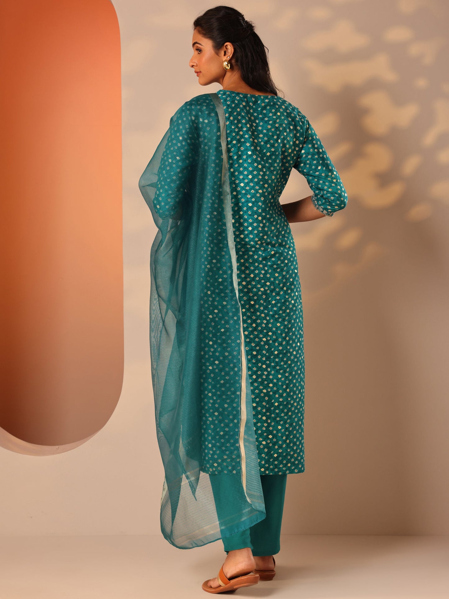 Blue Printed Silk Blend Straight Suit Set With Dupatta