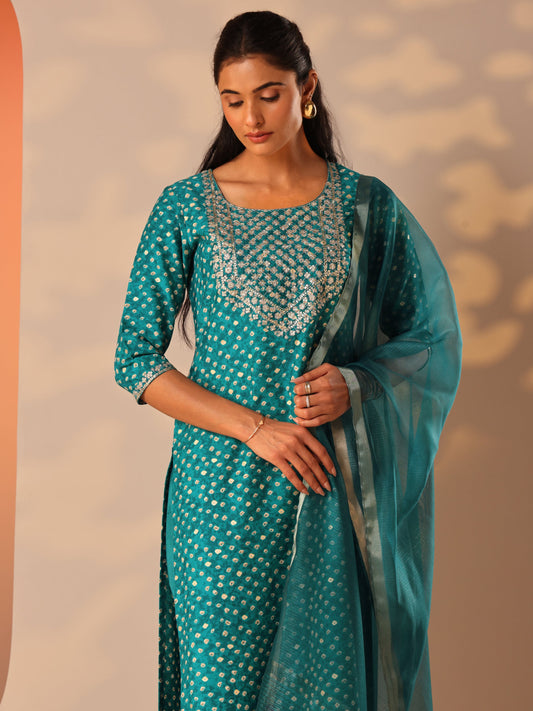 Blue Printed Silk Blend Straight Suit Set With Dupatta