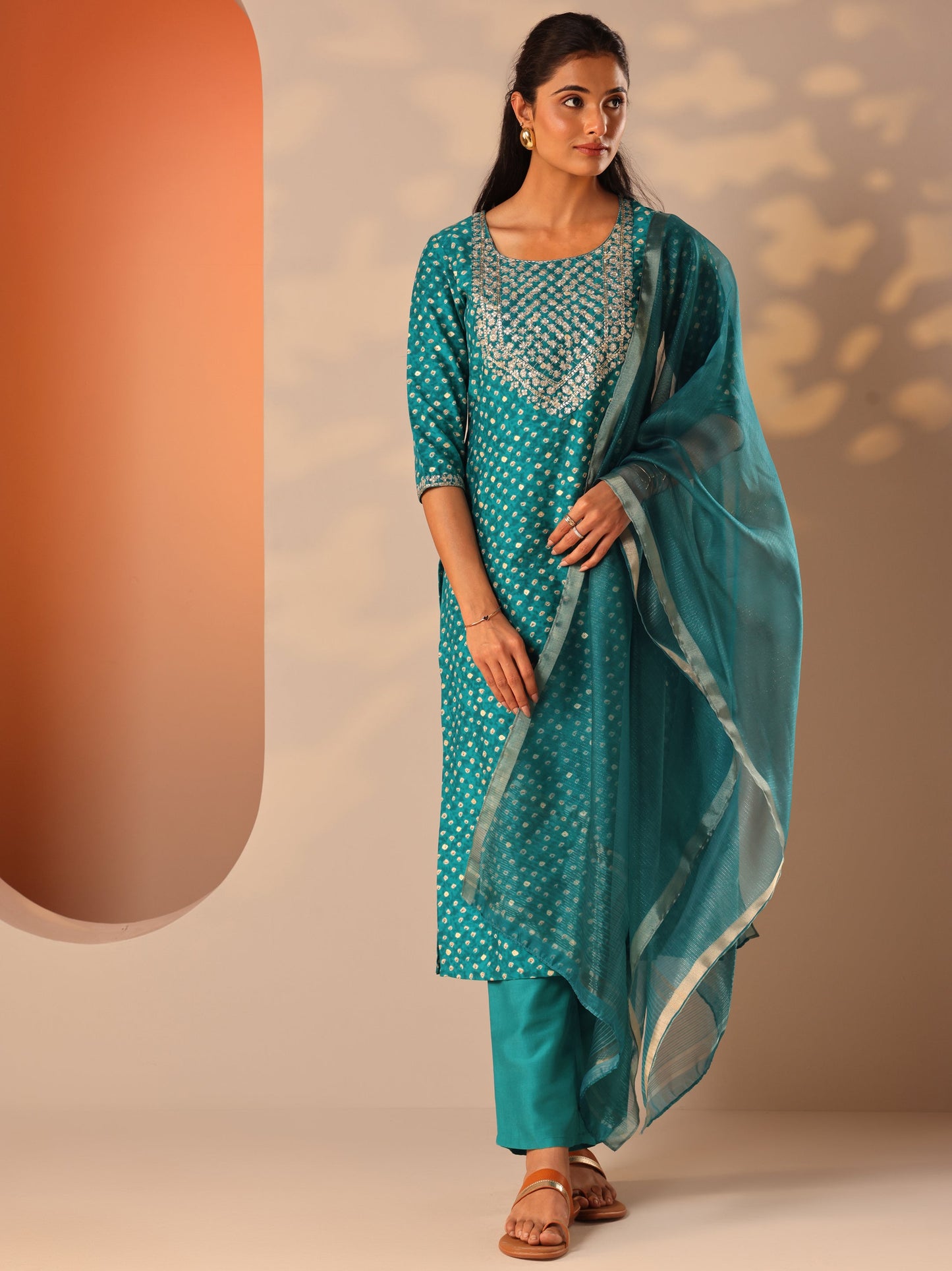 Blue Printed Silk Blend Straight Suit Set With Dupatta