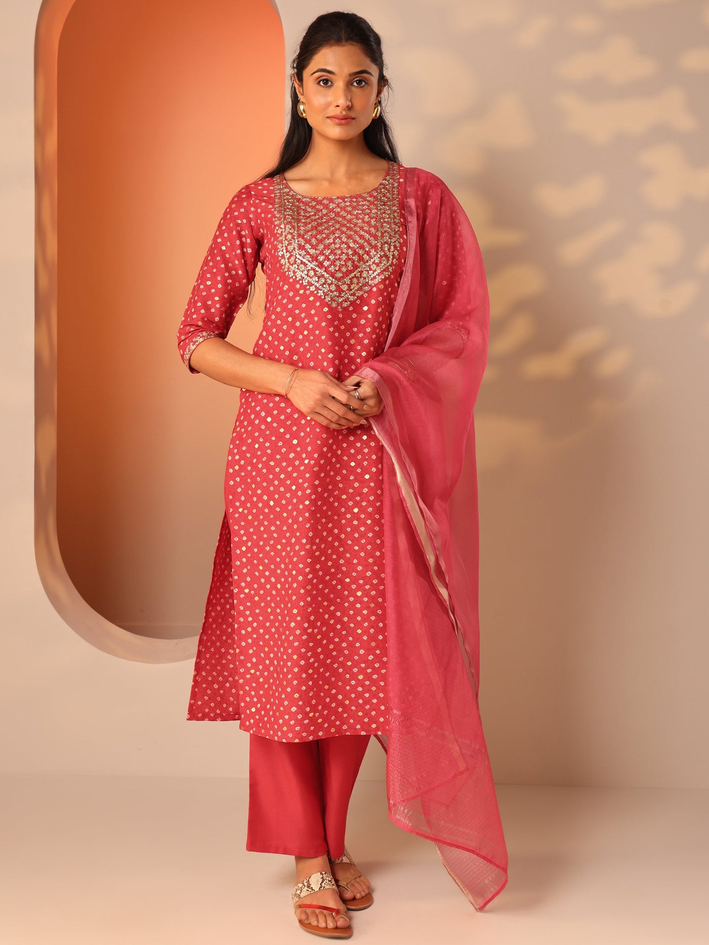 Red Printed Silk Blend Straight Suit Set With Dupatta
