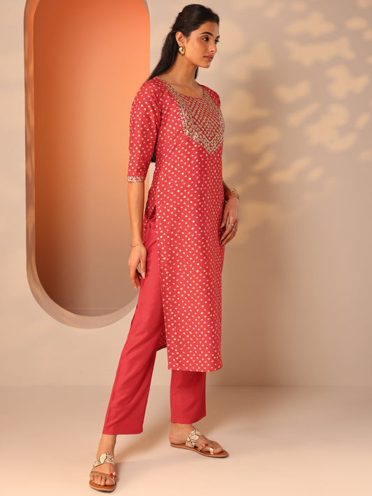 Red Printed Silk Blend Straight Suit Set With Dupatta
