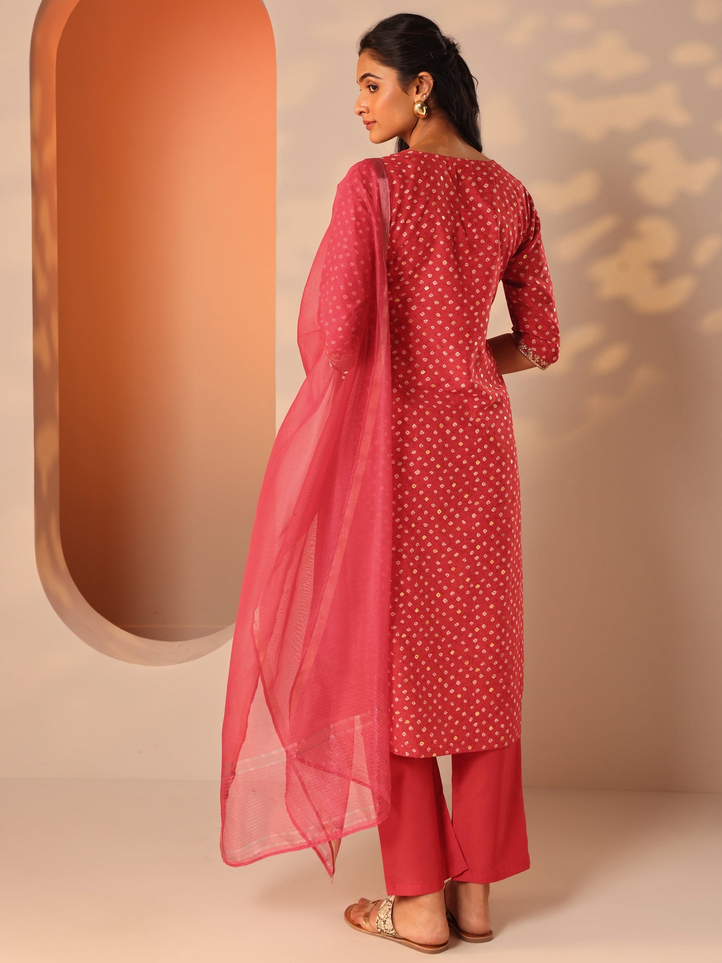 Red Printed Silk Blend Straight Suit Set With Dupatta