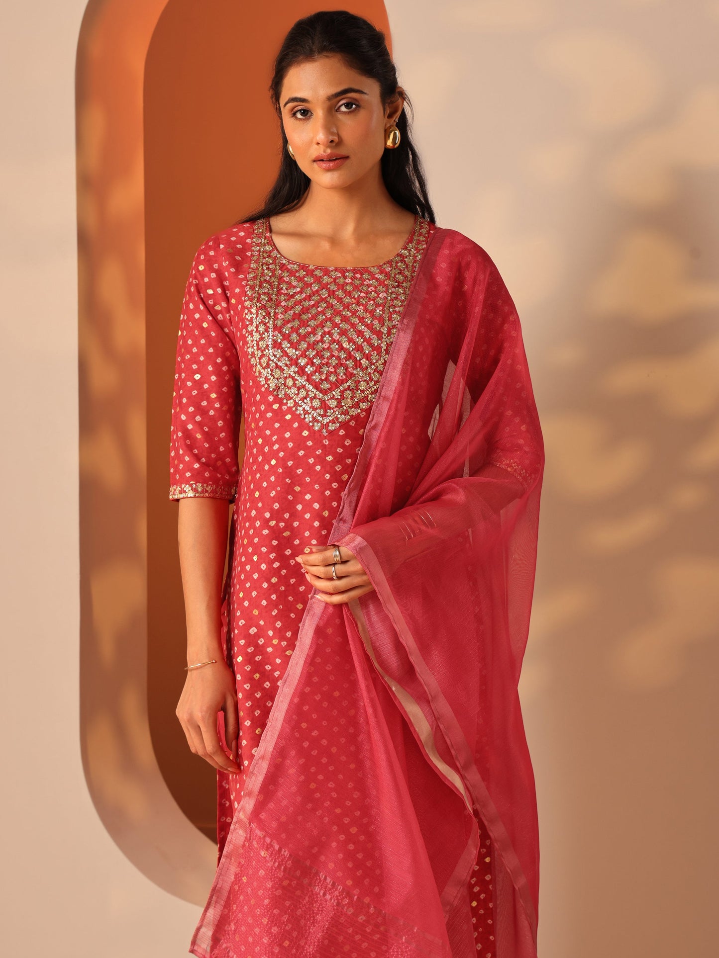 Red Printed Silk Blend Straight Suit Set With Dupatta