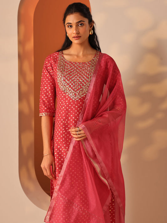 Red Printed Silk Blend Straight Suit Set With Dupatta