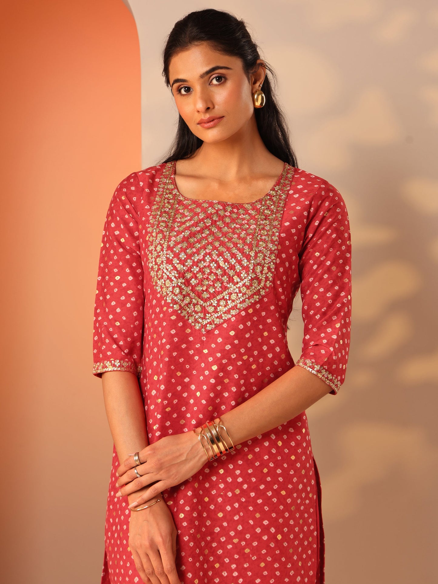 Red Printed Silk Blend Straight Suit Set With Dupatta