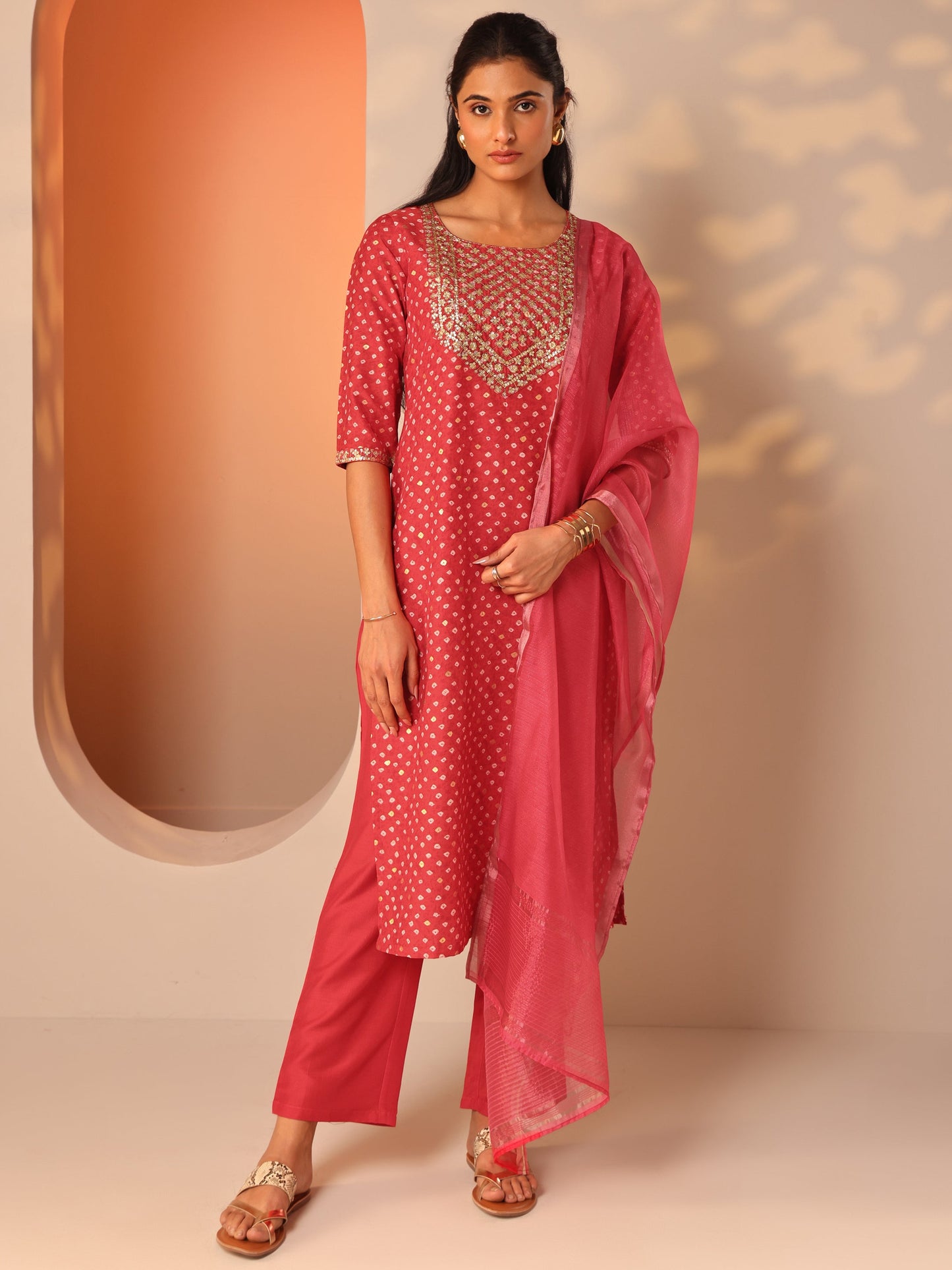 Red Printed Silk Blend Straight Suit Set With Dupatta