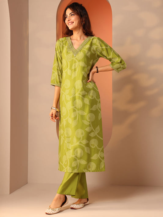 Green Printed Silk Blend Straight Suit Set With Dupatta